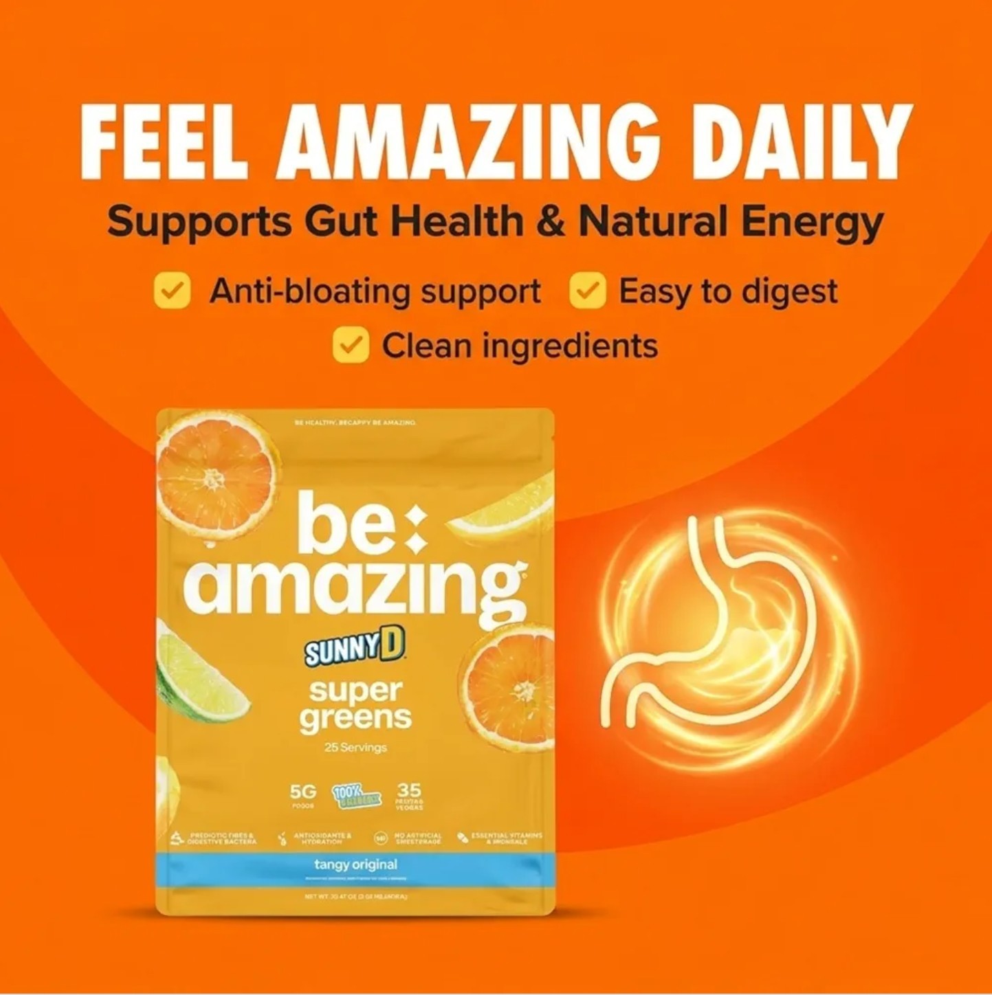 BE Amazing SUPER GREENS 1 Lb Size (25 Serv) Natural Sunny D Flavor BEST BY 10/26