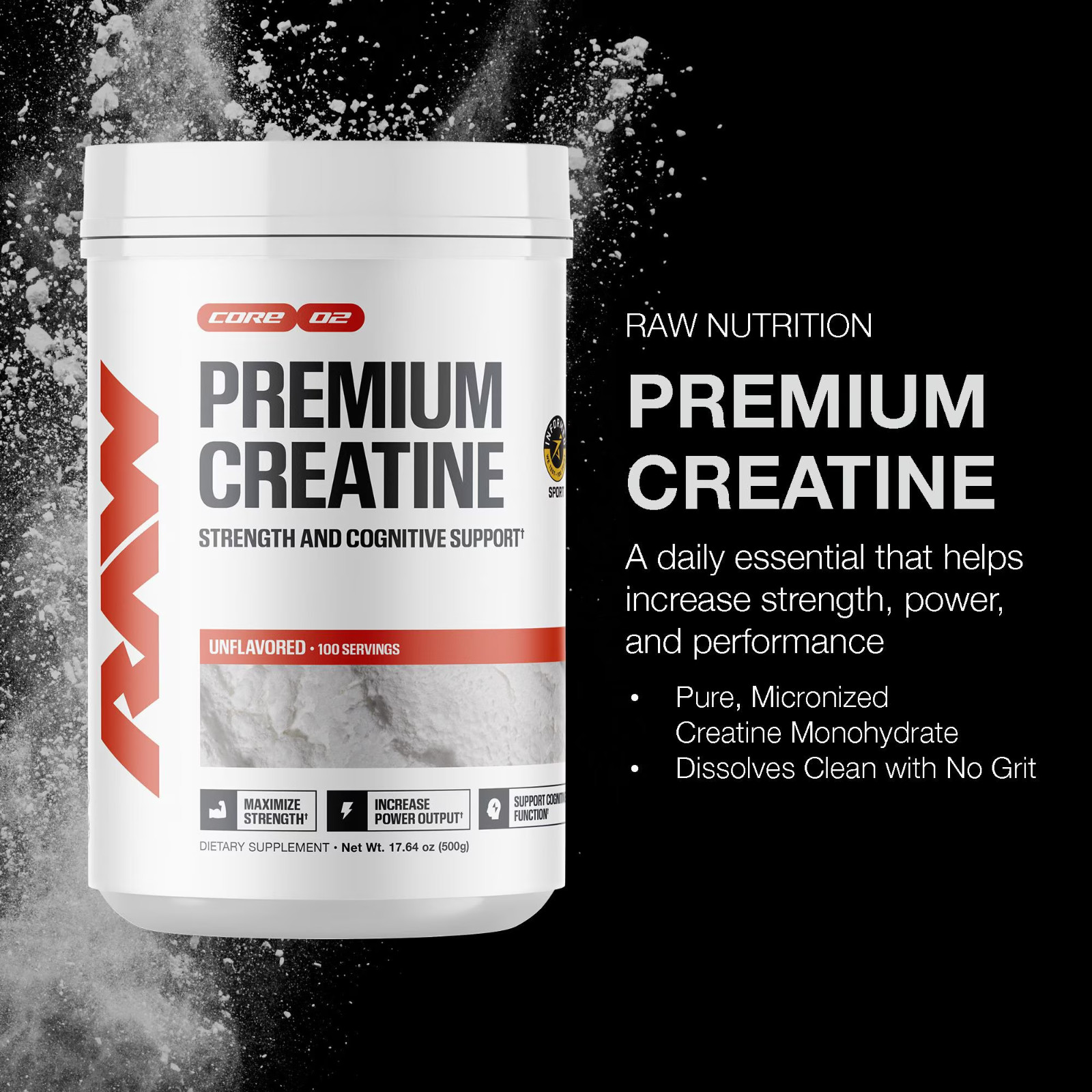 RAW Nutrition Creatine Monohydrate Powder, Unflavored, 510g 100 Servings