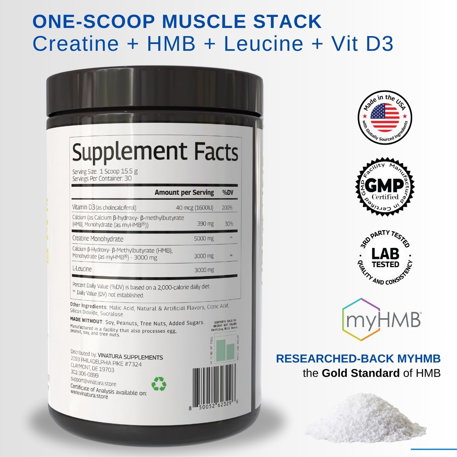 HMB Creatine Leucine Powder – 5g Creatine Monohydrate, 3g HMB Supplement, 3g …