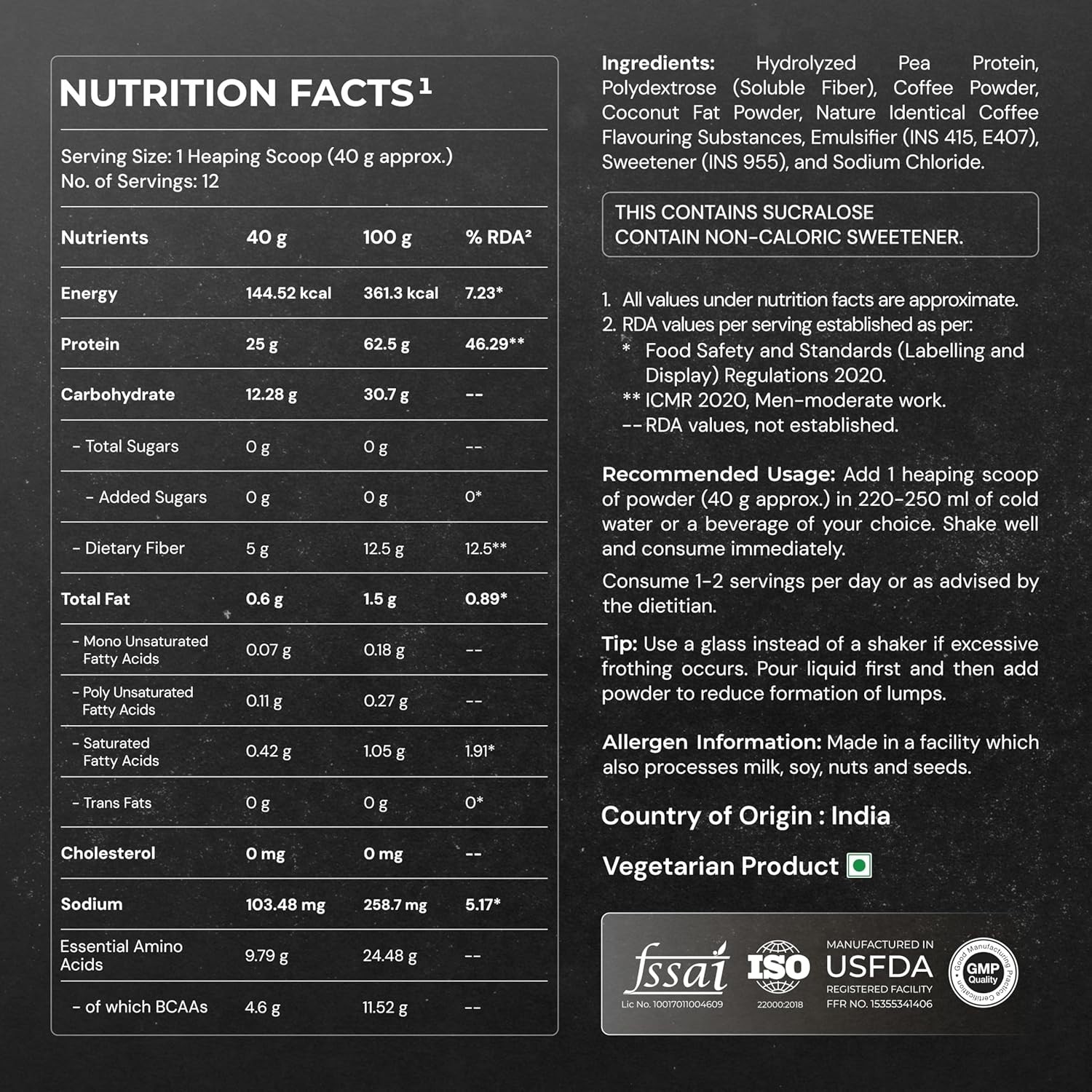 Pea Protein Powder 25g Protein , 4.6g BCAA, 5g Fiber | Cold Coffee , 12 Servings