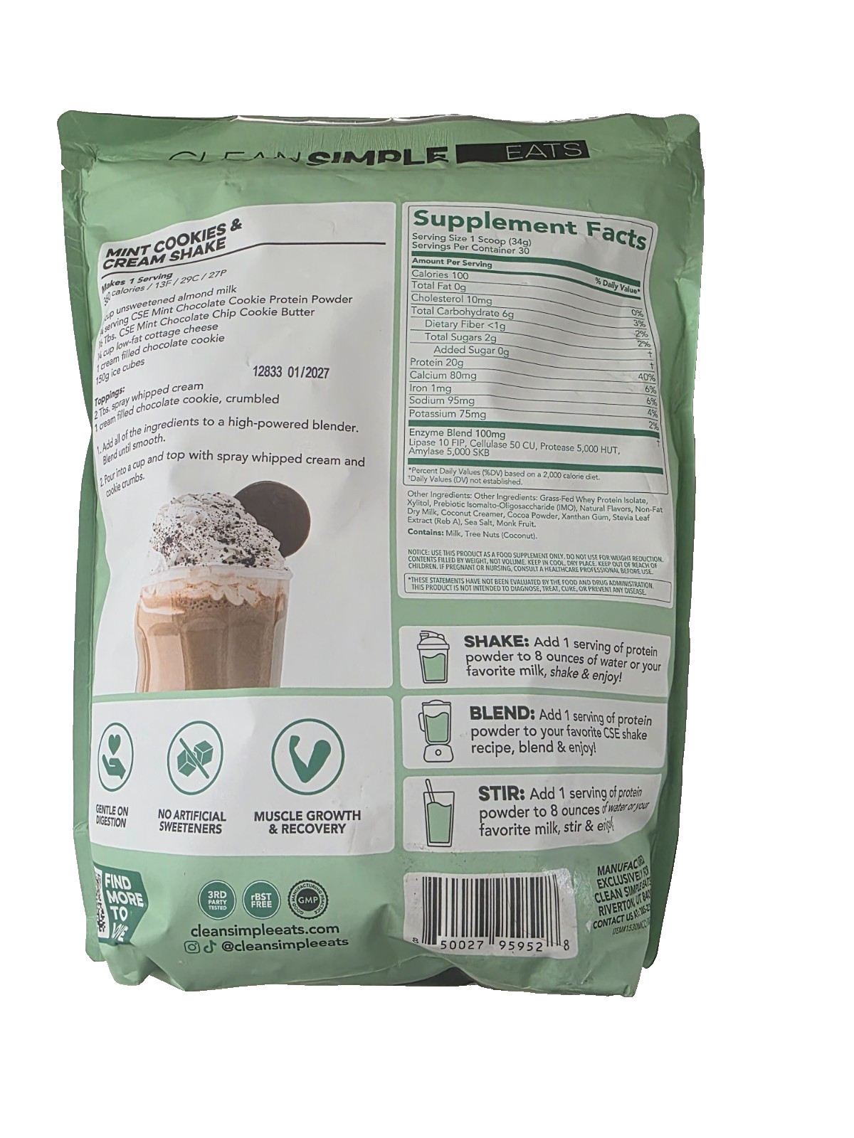 Clean Simple Eats Mint Chocolate Whey Protein – 20 Grams Protein 30 Servings