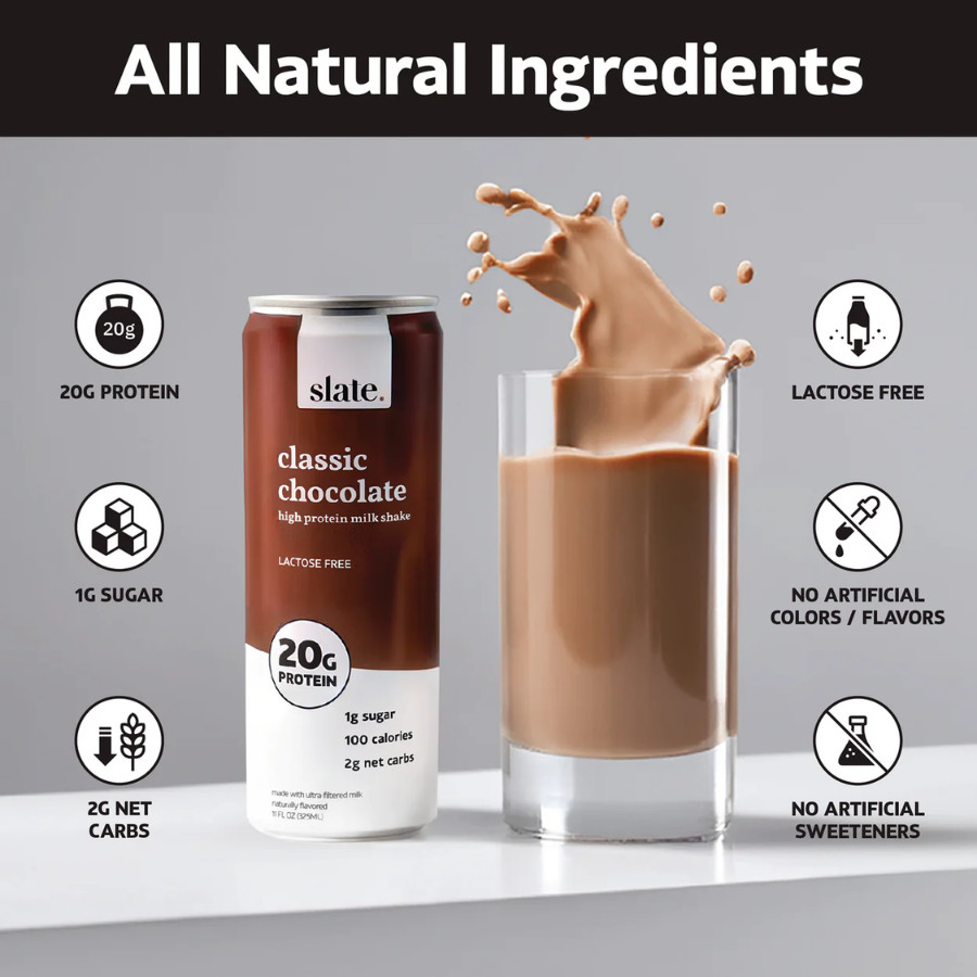 Slate 20G Protein Milk Shakes – Classic Chocolate Shake (11 fl oz), 12 Cans