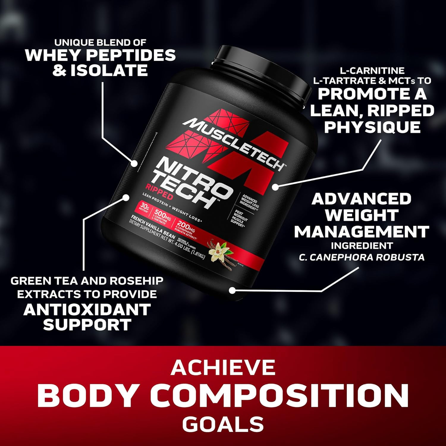 Whey Protein Powder (French Vanilla Bean, 4LB) – Nitro-Tech Ripped Whey Protein