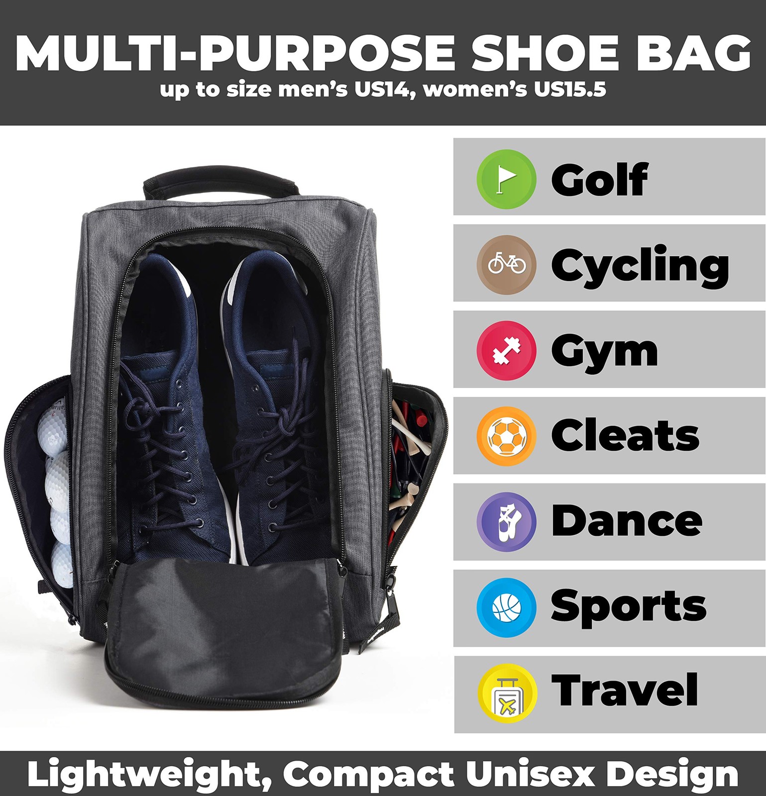 Athletico Golf Shoe Bag Zippered Carrier Ventilated Pocket Gray