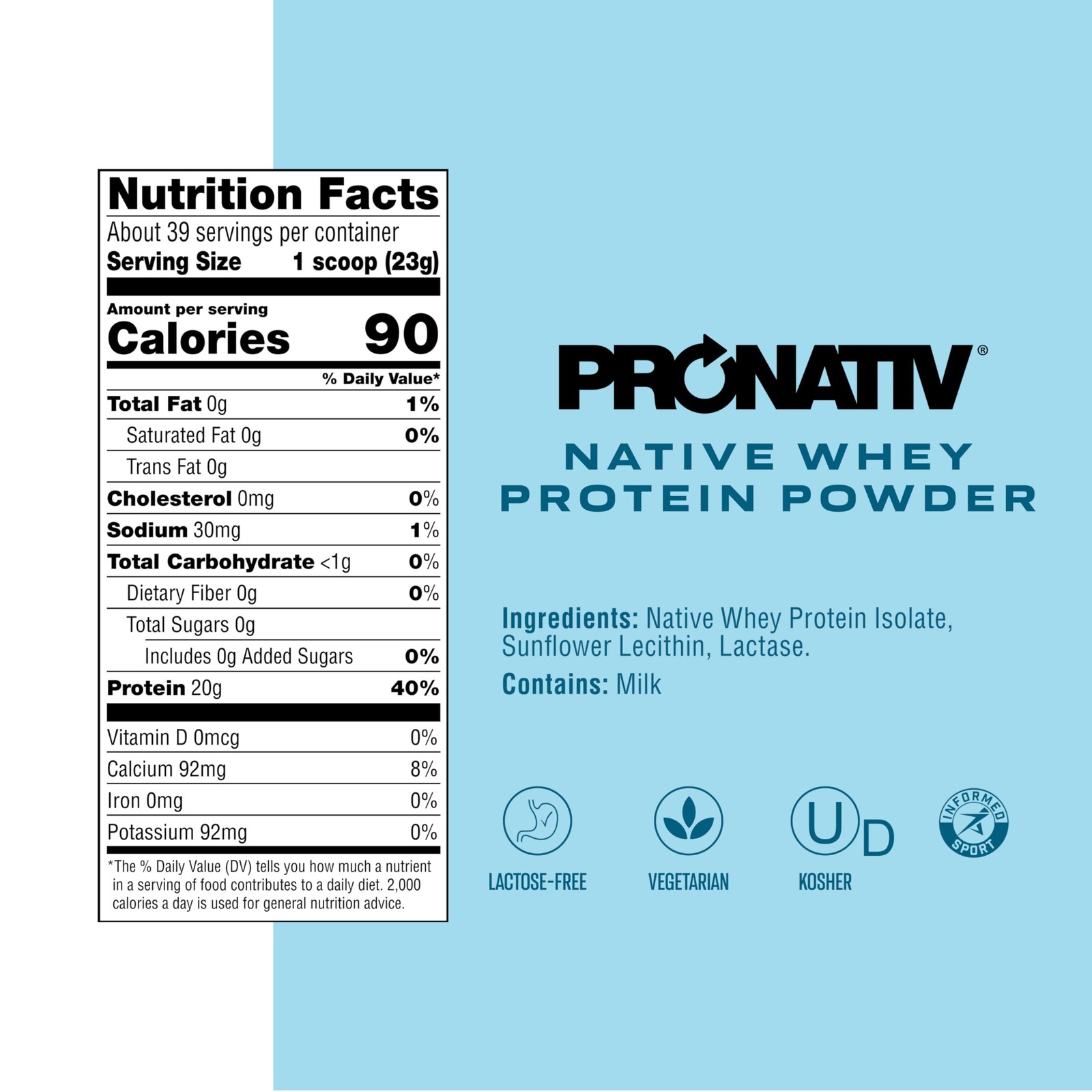 Pronativ 100 Whey Native Protein Powder, Unflavored, 2 lb, Made from Farm Fre…