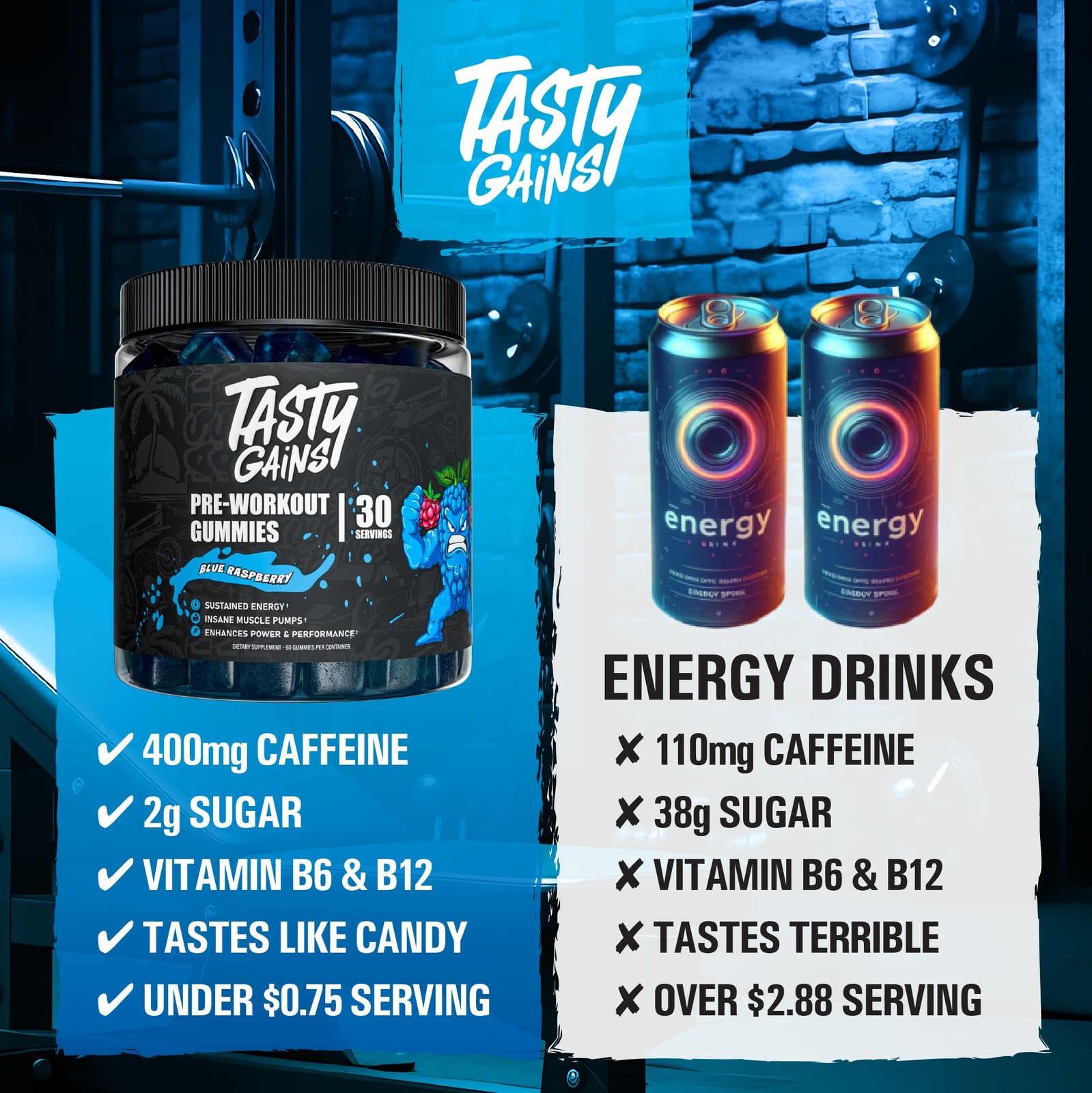 Tasty Gains – Pre-Workout Gummies Energy Focus Boost Caffeine Gummies For Men