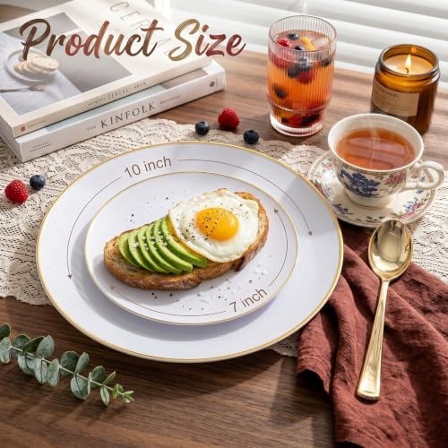KIRE 100PCS White and Gold Plates – Plastic Disposable Plates – Includes 50Pi…