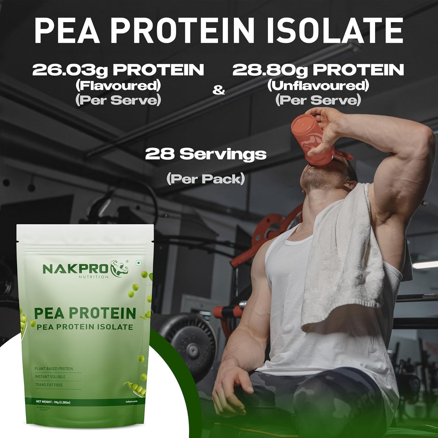 NAKPRO NUTRITION Pea Protein Isolate | 1 kg Unflavoured | 28g Protein |
