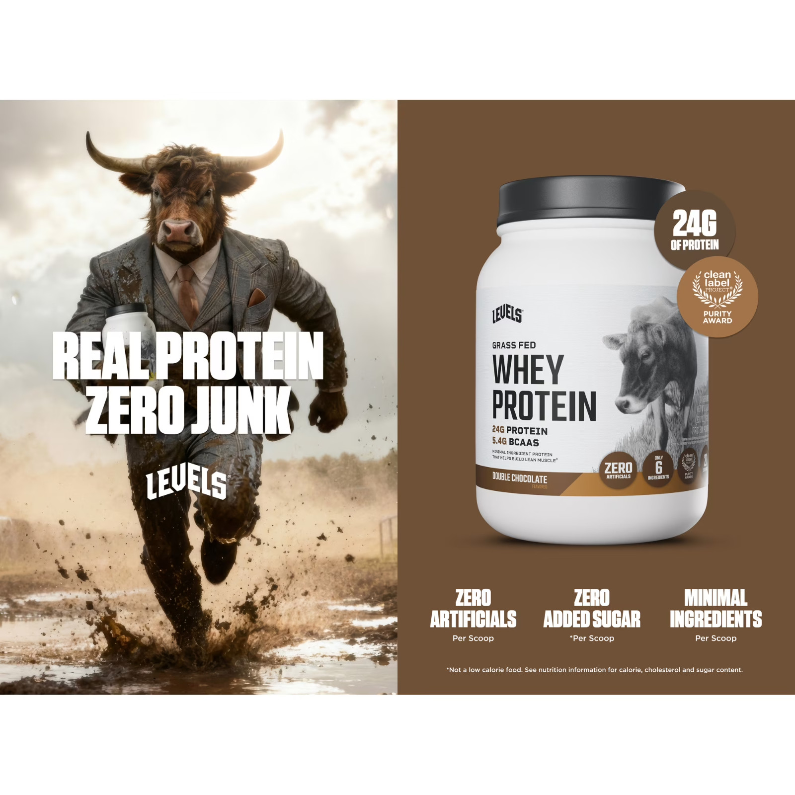 Levels Grass Fed Whey Protein Powder, No Artificials, Protein,Double Chocolate