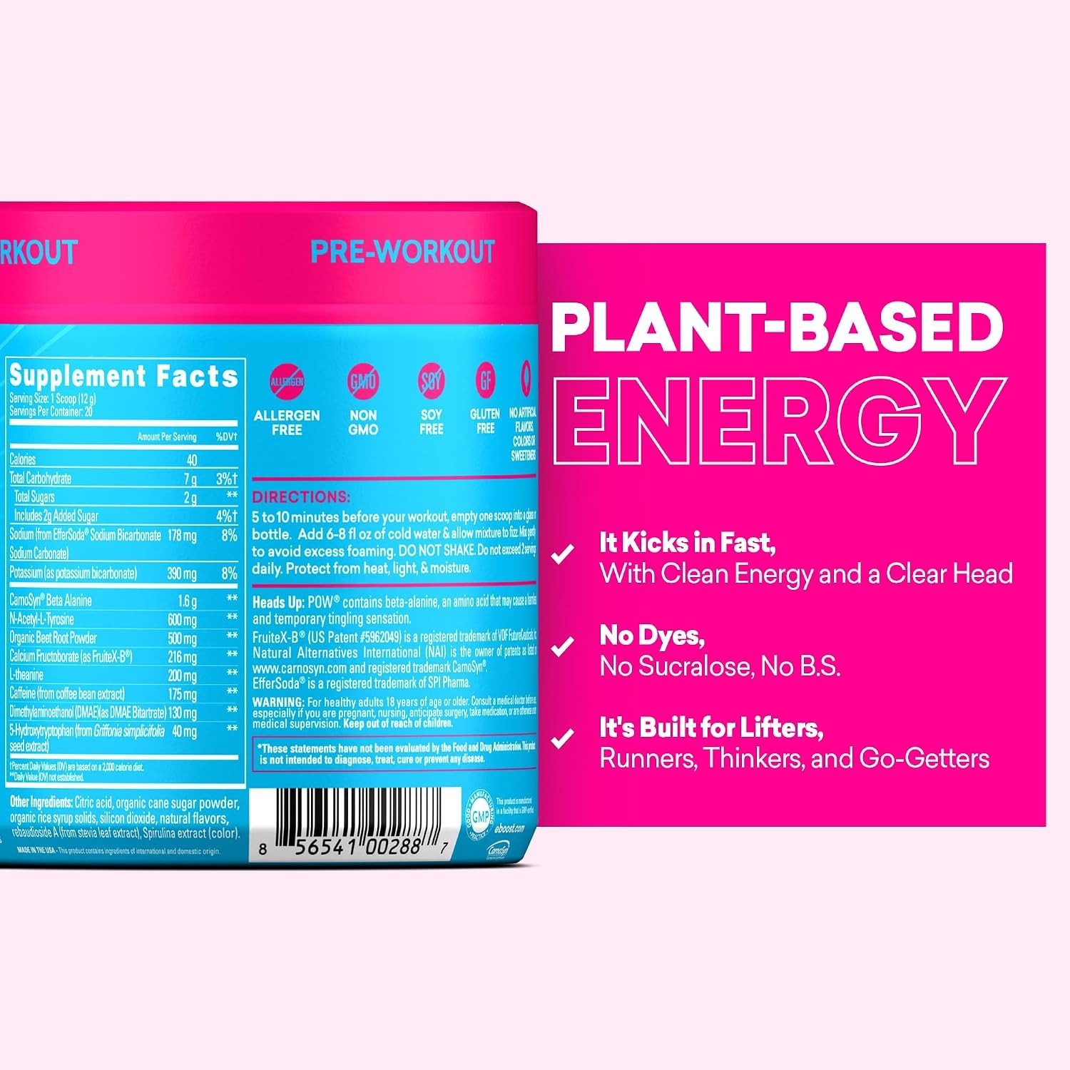 EBOOST POW Natural Pre Workout Powder – 20 Servings – Blue Raspberry