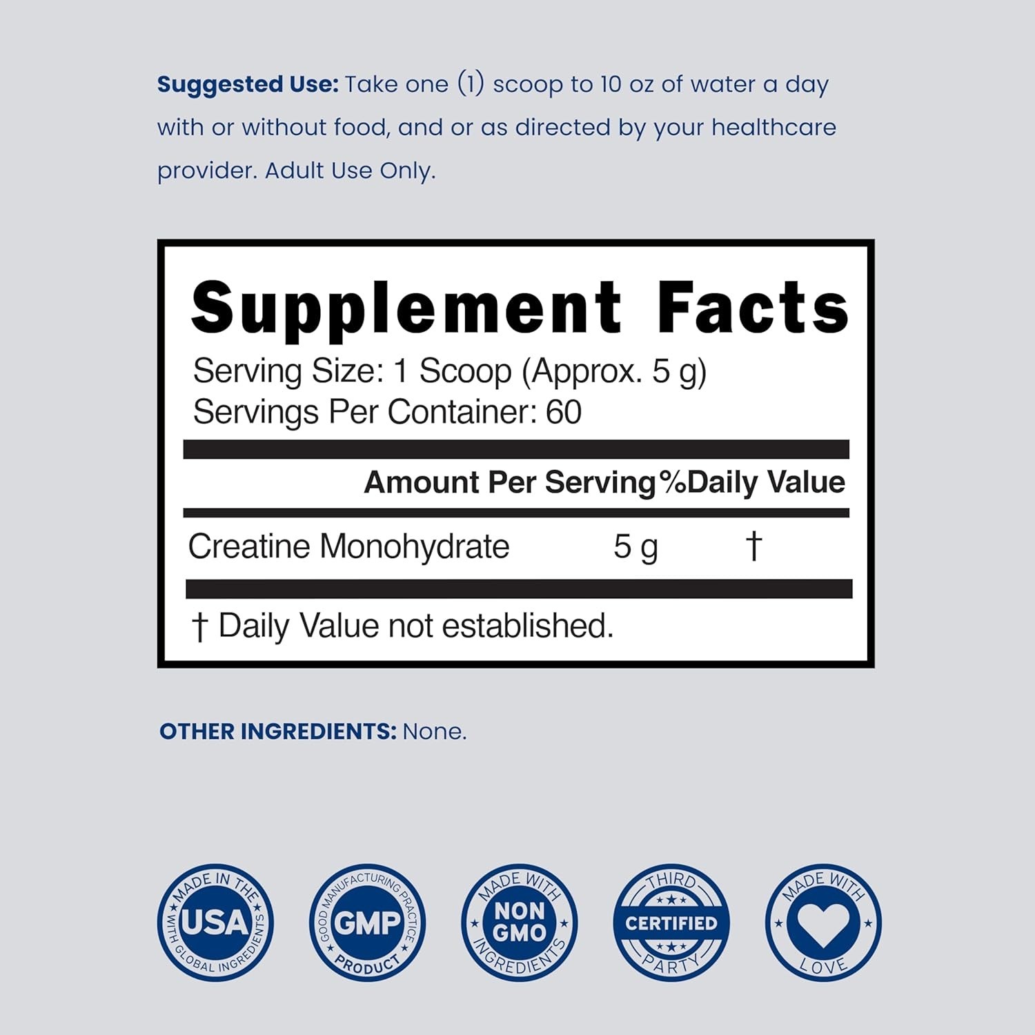 Unflavored Creatine Monohydrate, 60 Servings – Non-GMO, , GMP Certified