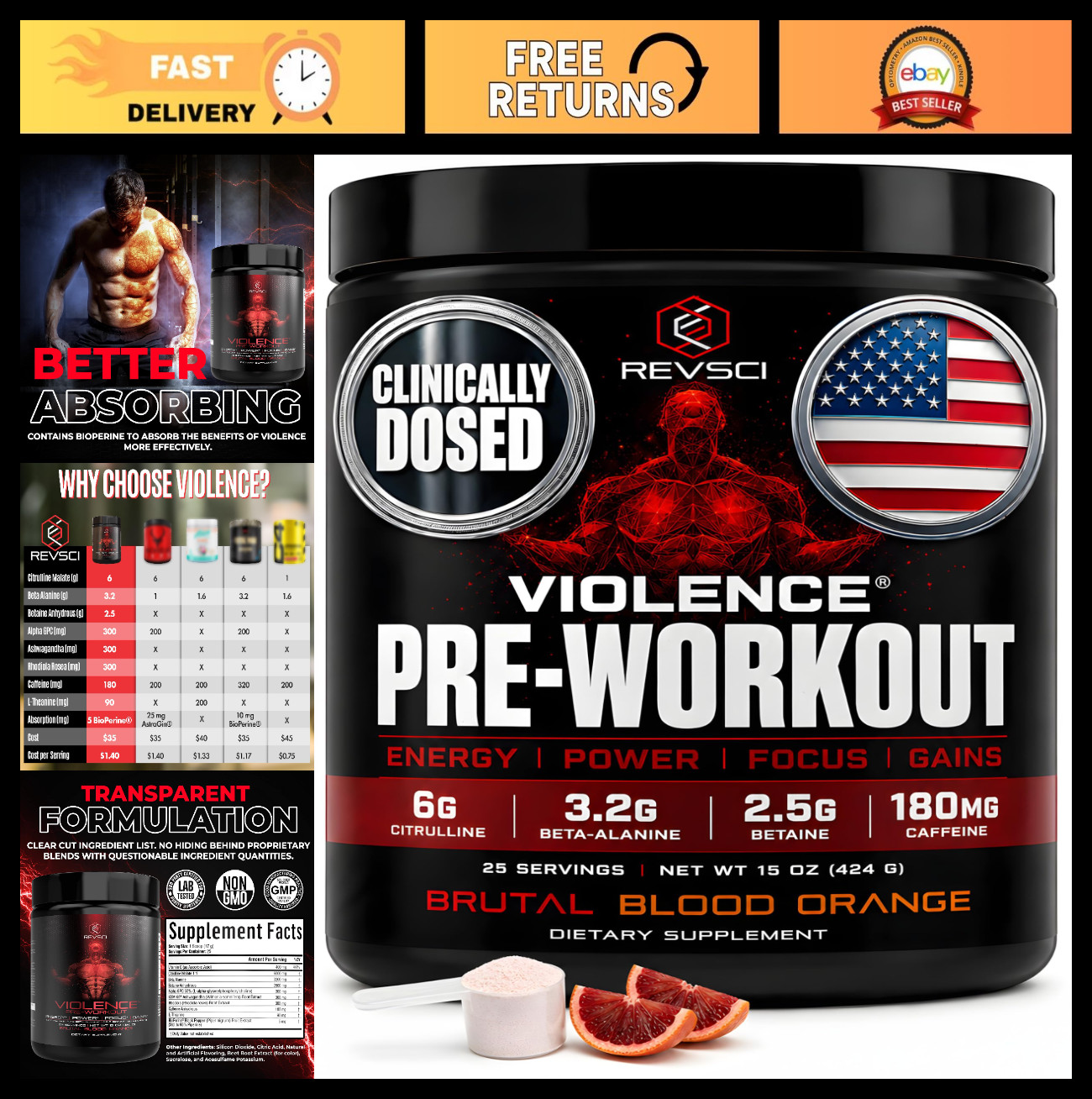 Pre Workout Powder for Energy & Focus, 180mg Caffeine, L-Theanine, Beta Alanine