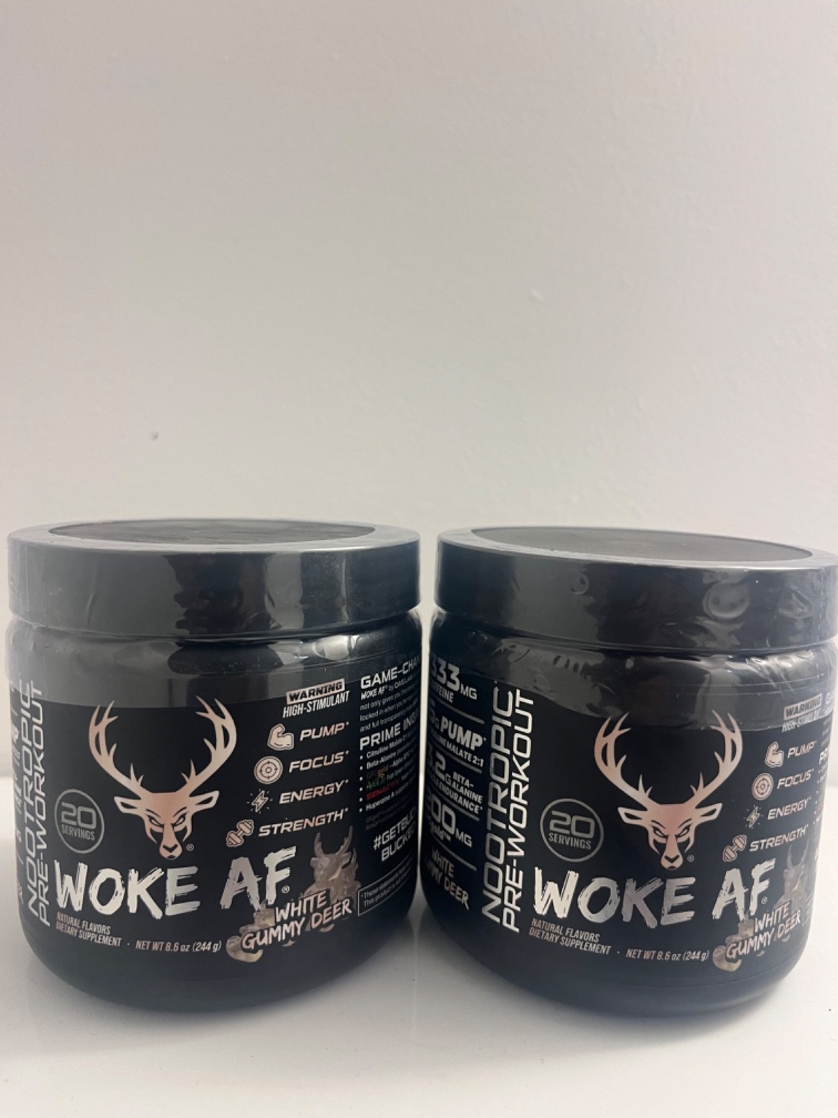 2 Woke AF White Gummy Deer Pre-Workout Powder 8.6oz Both EXP: 07/27 New & Sealed
