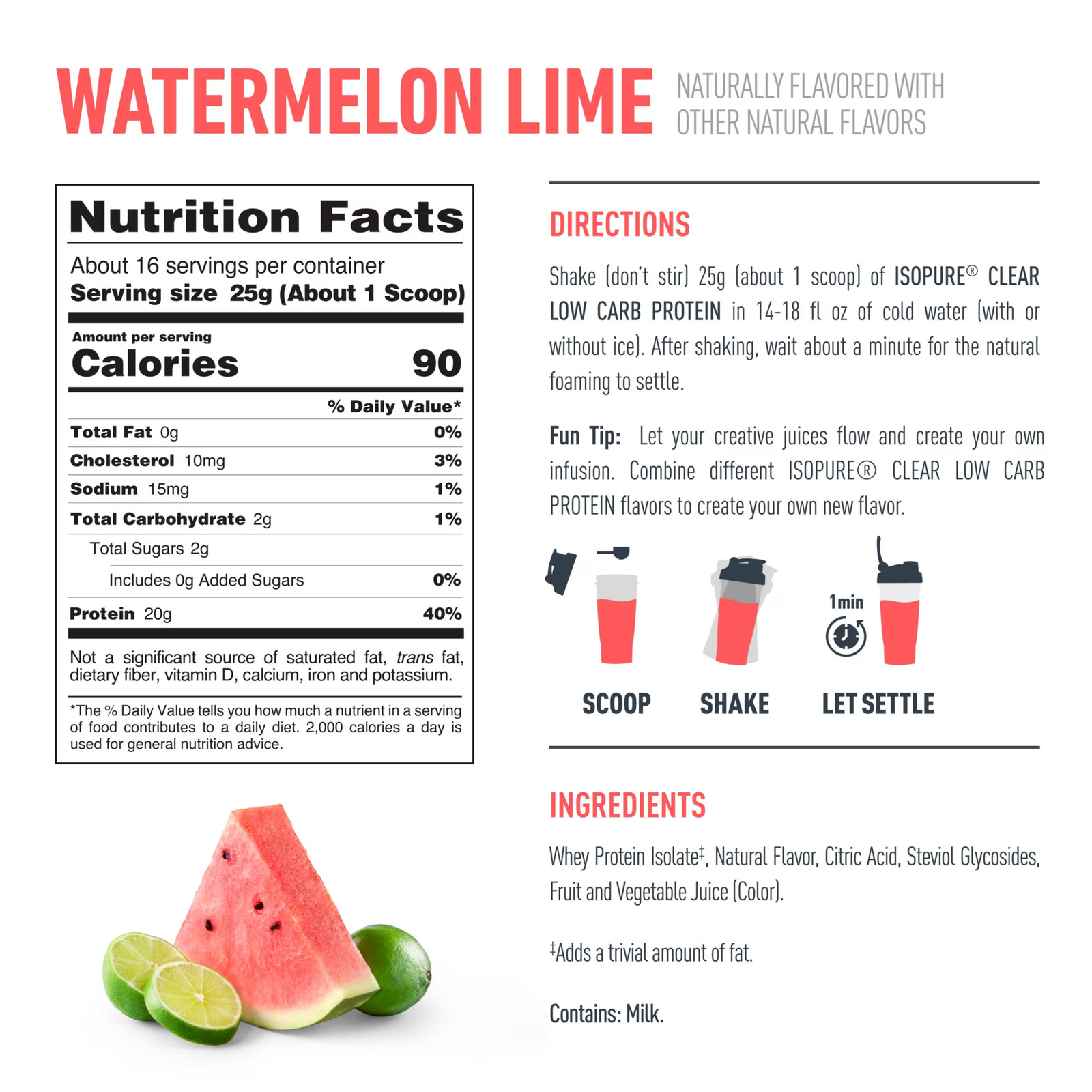 Isopure Clear Low Carb Whey Protein Powder, Watermelon Lime, 20g