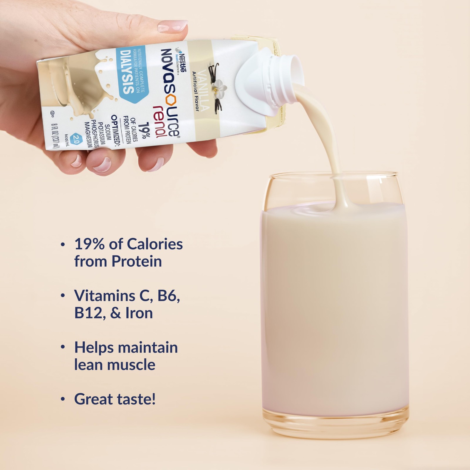 NOVASOURCE Renal Vanilla, Nutritionally 8 Fl Oz (Pack of 24), Off White