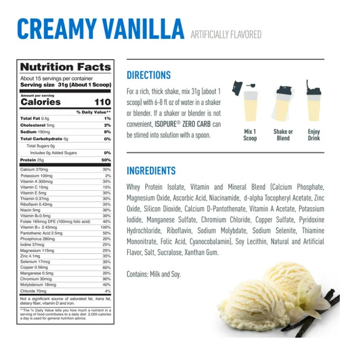 Isopure Zero Carb Whey Protein Isolate Vanilla 25g 15 Servings