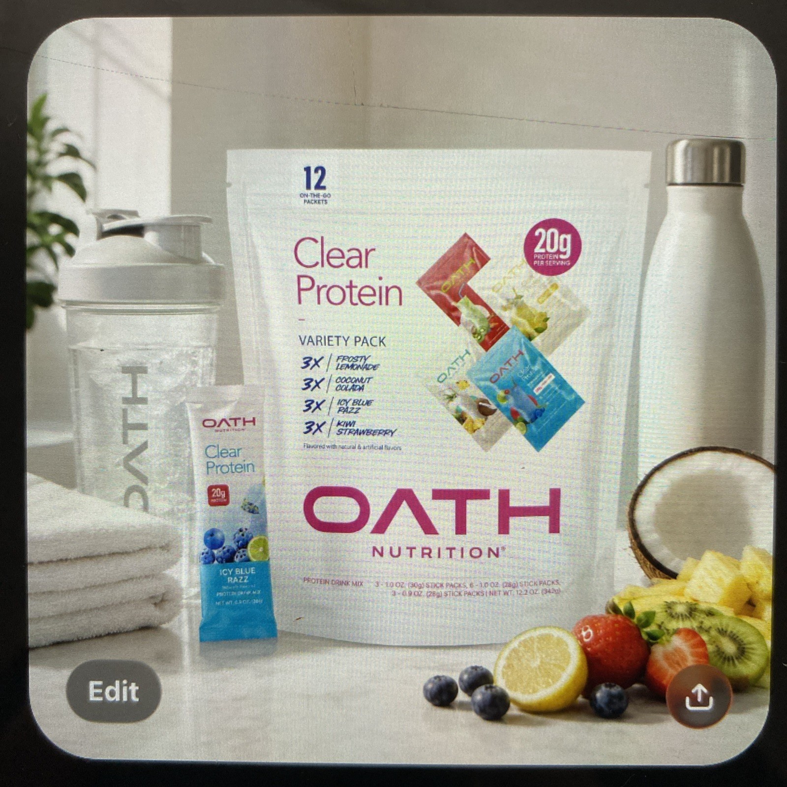 Oath Nutrition Clear Whey Protein Drink Mix 12 Variety Pack 20g Protein Each Gym