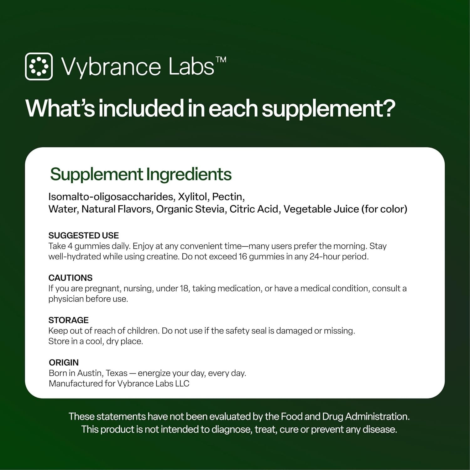 Vybrance Labs Creatine Monohydrate Gummies Green Apple Vegan 120ct 30 Serv