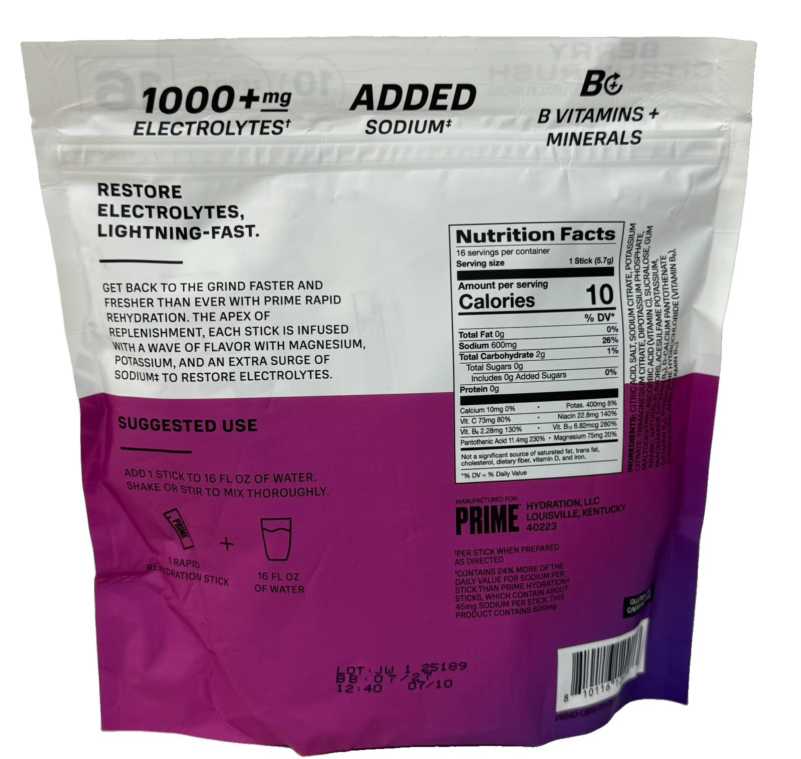 PRIME Electrolyte Hydration Powder Mix 16 Sticks Caffeine-Free Berry Citrus Rush