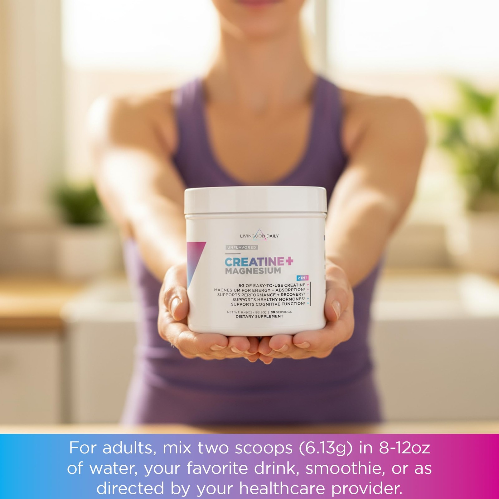 Livingood Daily Creatine + Magnesium Powder, Unflavored | 5g Micronized Creat…