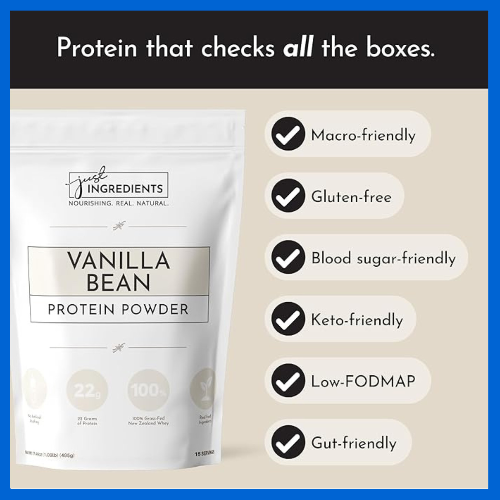 JUST INGREDIENTS Vanilla Protein Powder 22g Grass Fed Whey 15 Servings 3PK