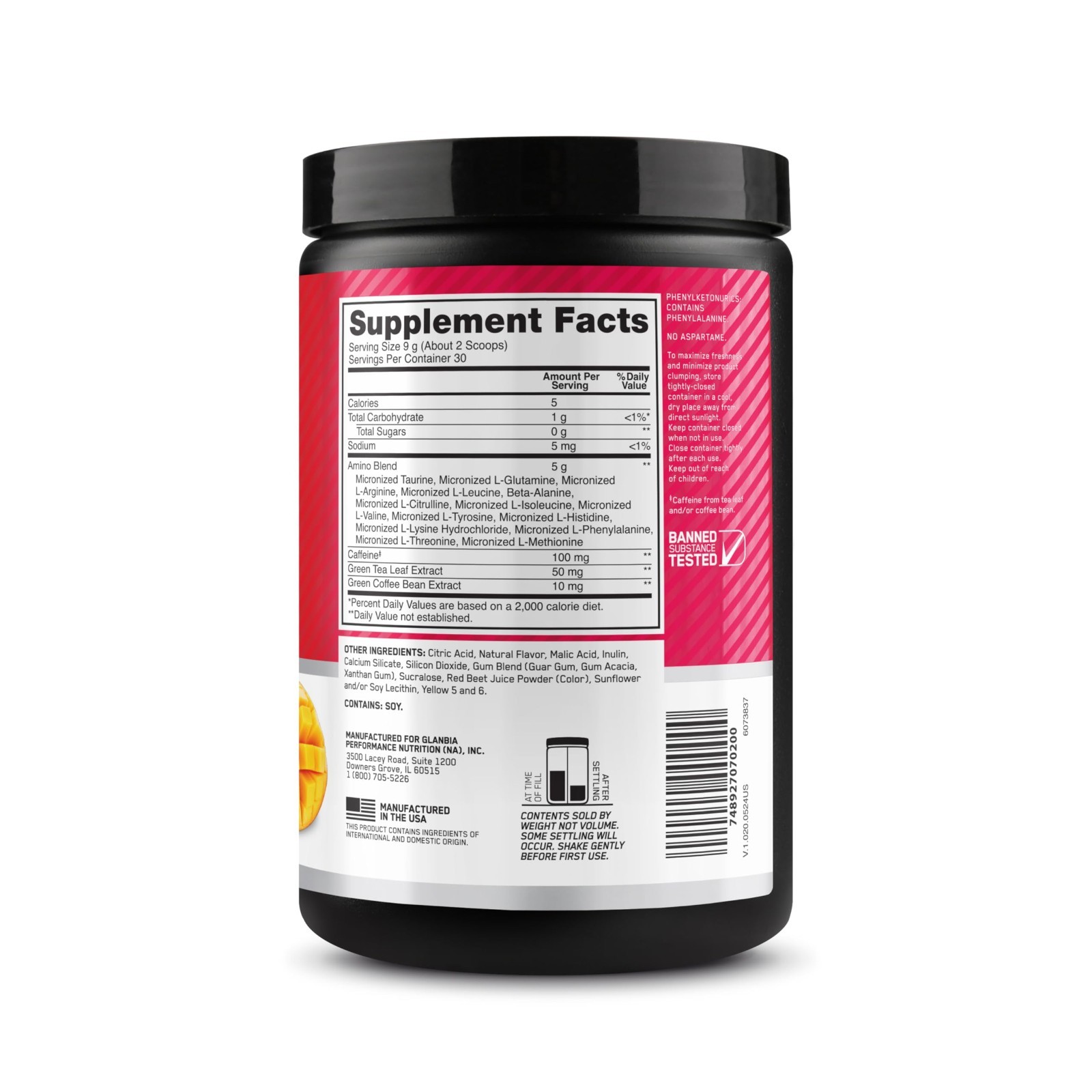 Amino Energy Powder – Peach Mango Tango, Pre-Workout, BCAA, Keto Friendly, 30 Se