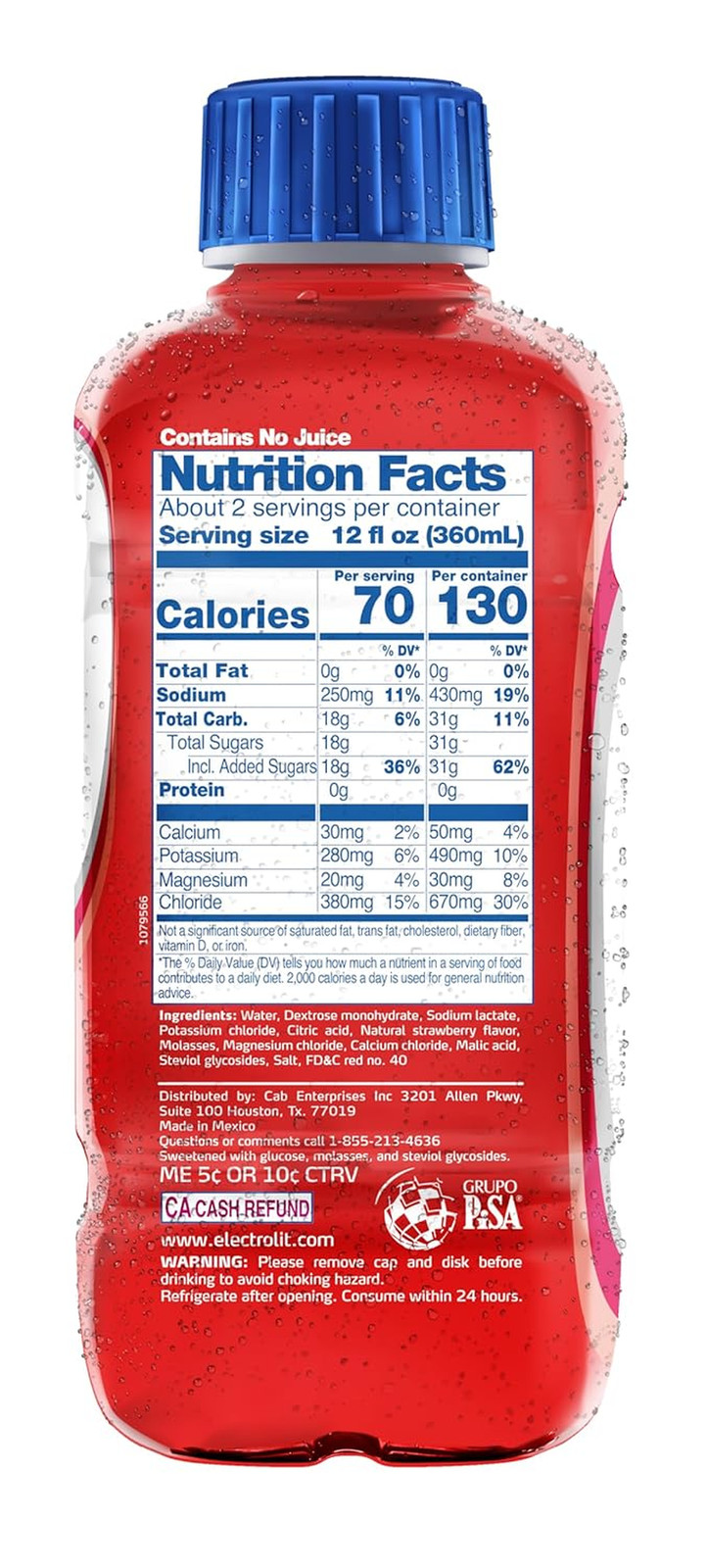 Electrolyte Beverage, Strawberry, 21 Fl Oz Bottle (Pack of 12)