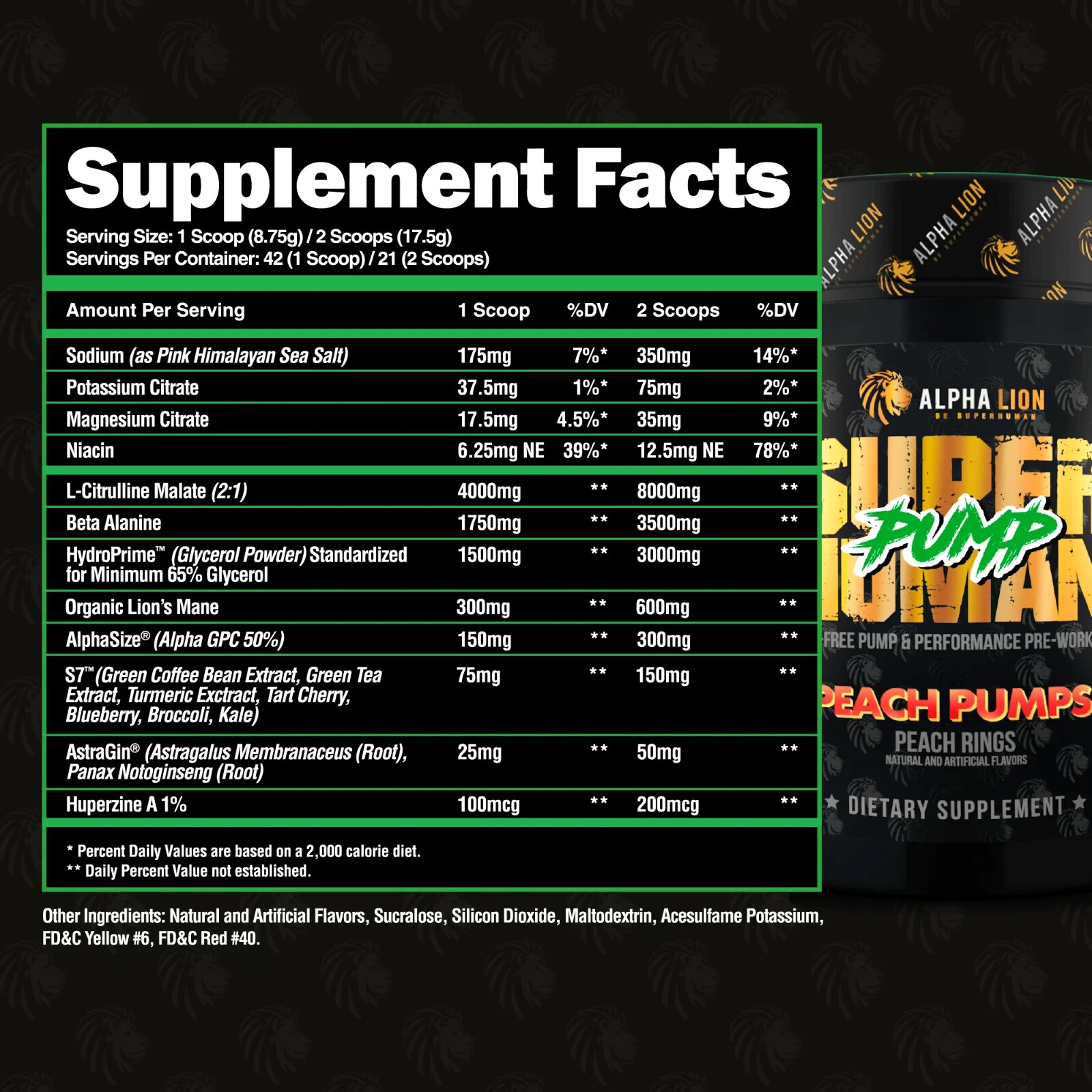 ALPHA LION SUPERHUMAN PUMP (42 SVGS) non-stim pre workout supreme burn extreme