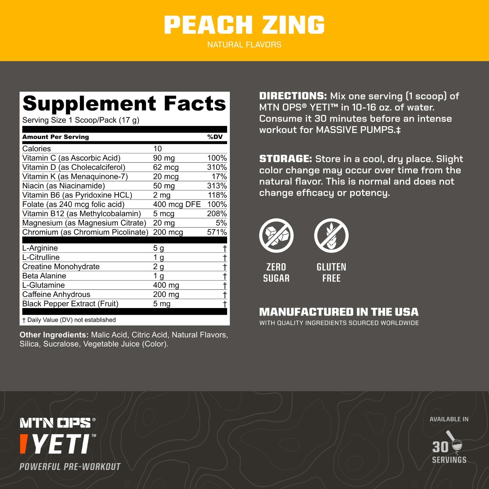Pre-Workout Powder with Creatine & BCAAs, Peach Zing Flavor, 200mg Caffeine, Ene