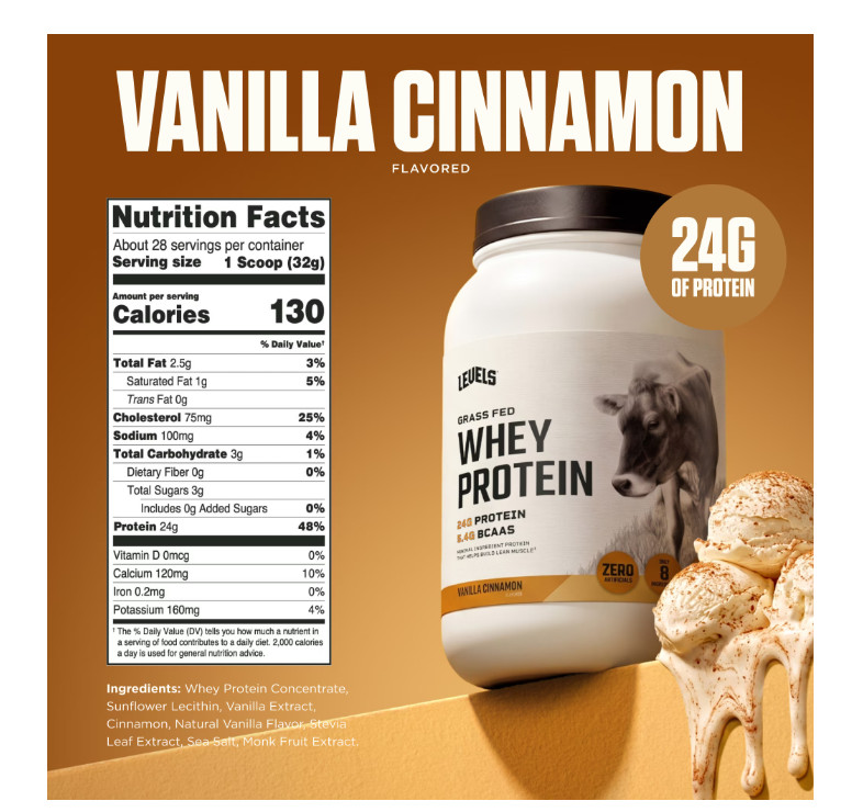 Levels Grass Fed Whey Protein Vanilla Cinnamon 2lb 24g Protein