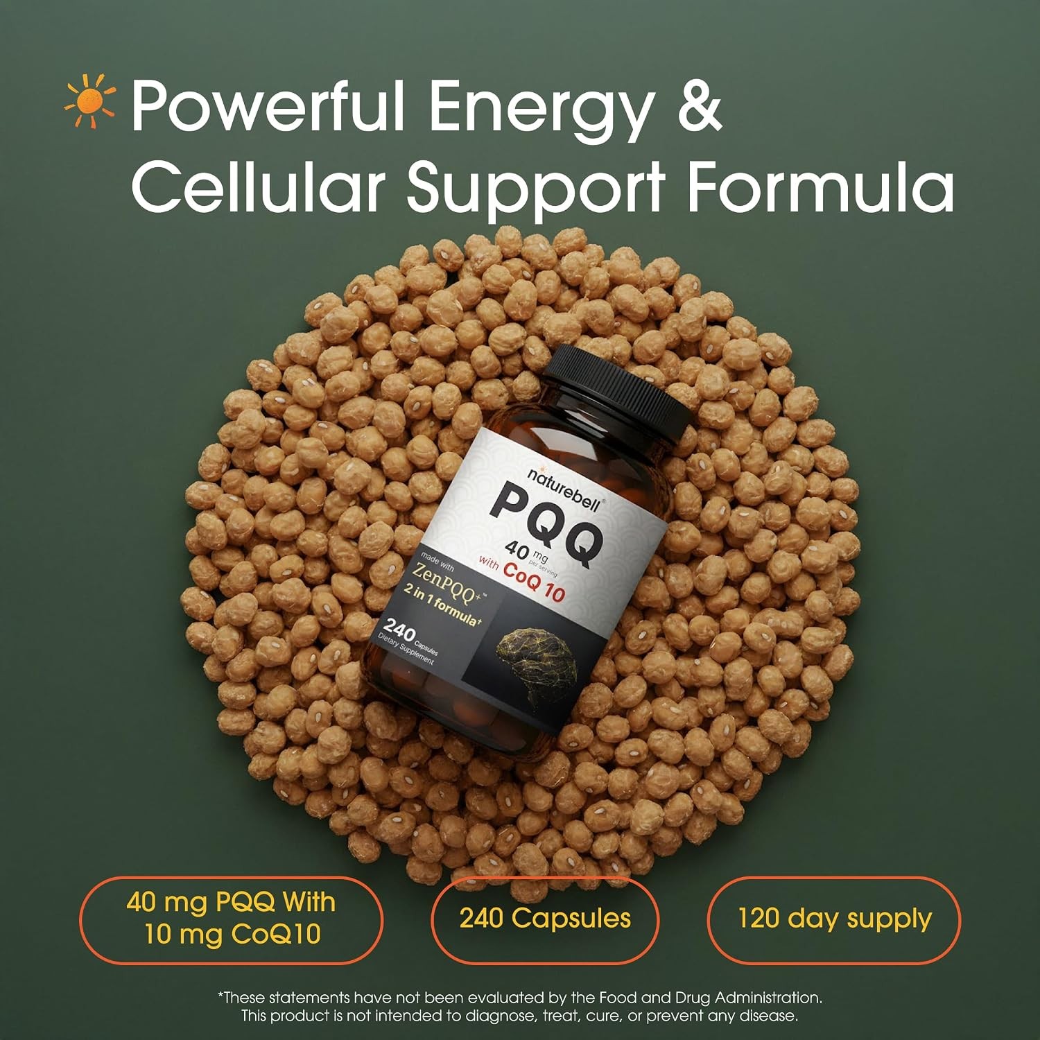 NatureBell PQQ with CoQ10-240 Capsules – 40mg Active PQQ with 10mg Coenzyme Q10