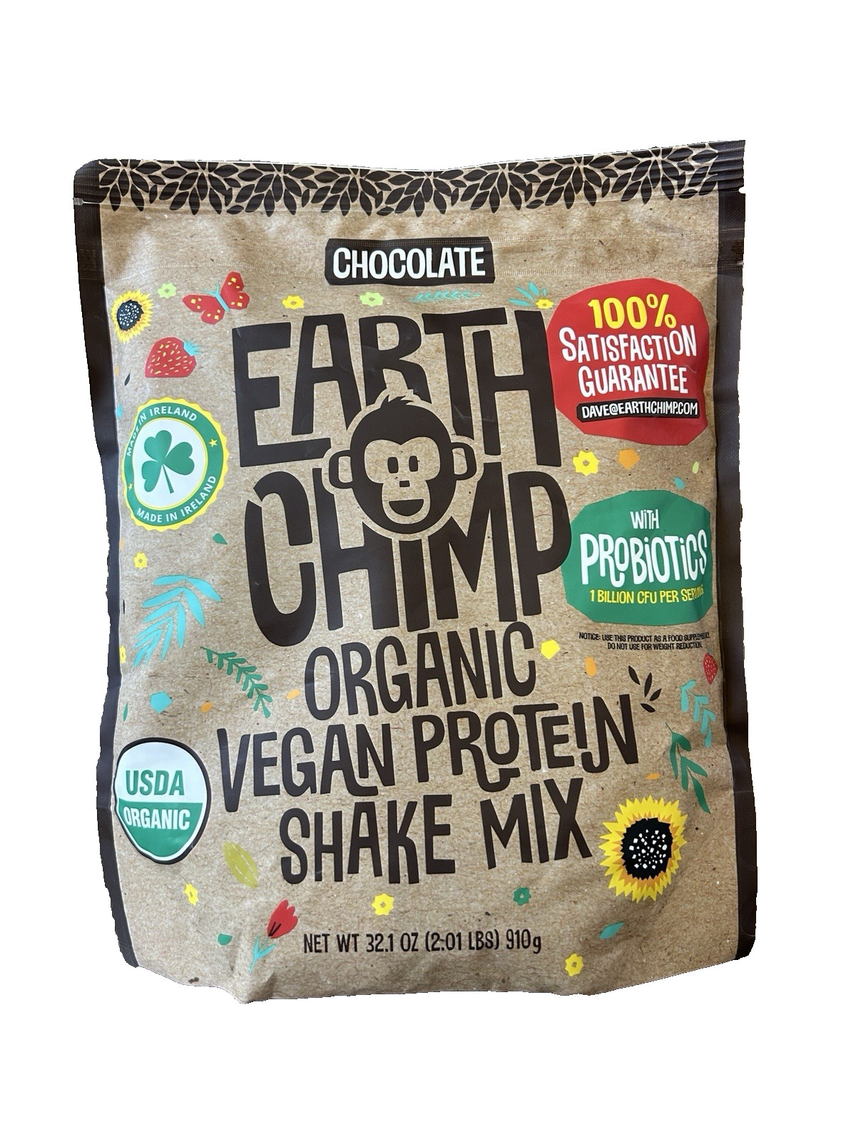 Earth Chimp Organic Vegan Protein Shake Mix – CHOCOLATE – 32.1 oz NEW