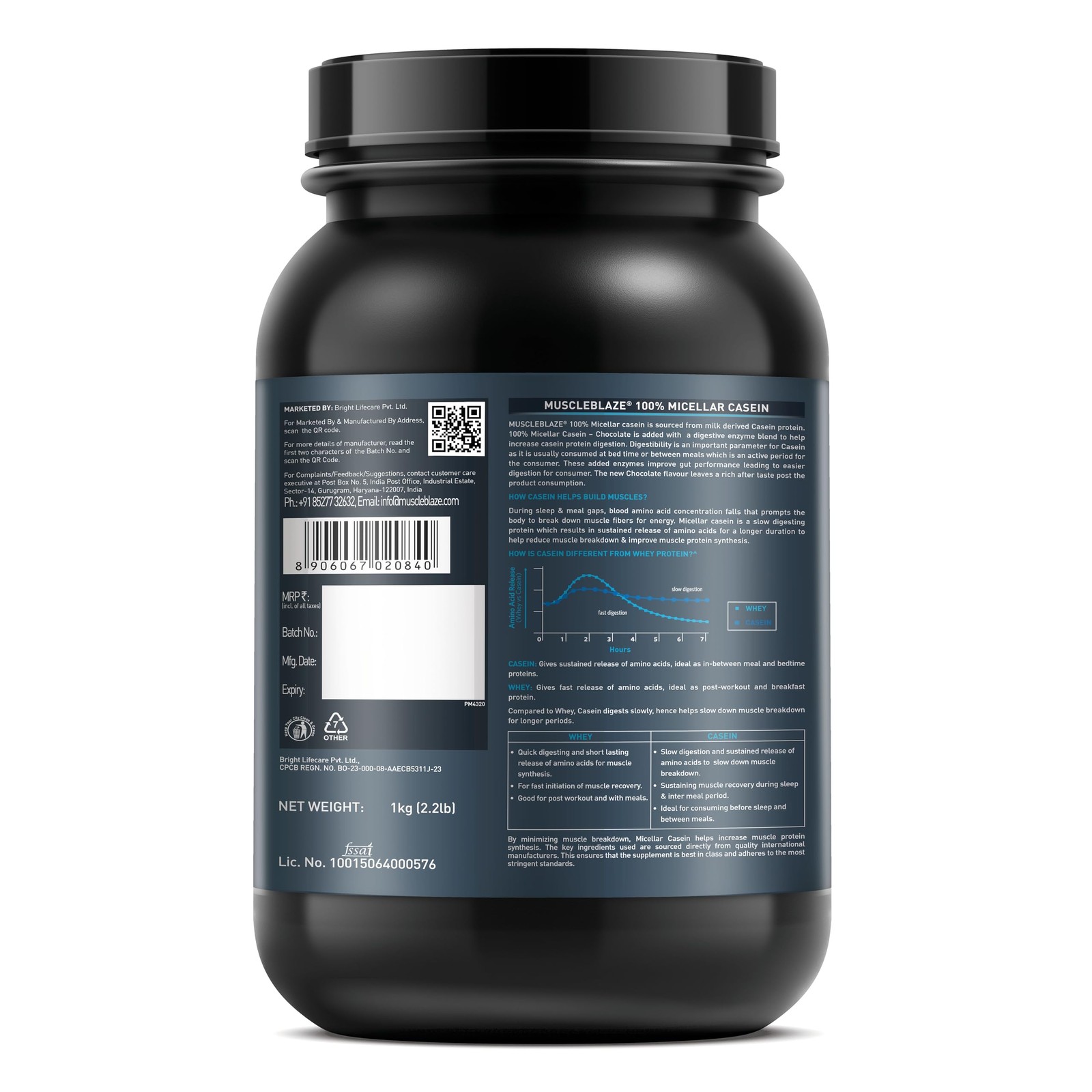 MuscleBlaze 100% Micellar Casein (Chocolate, 1 kg / 2.2 lb)