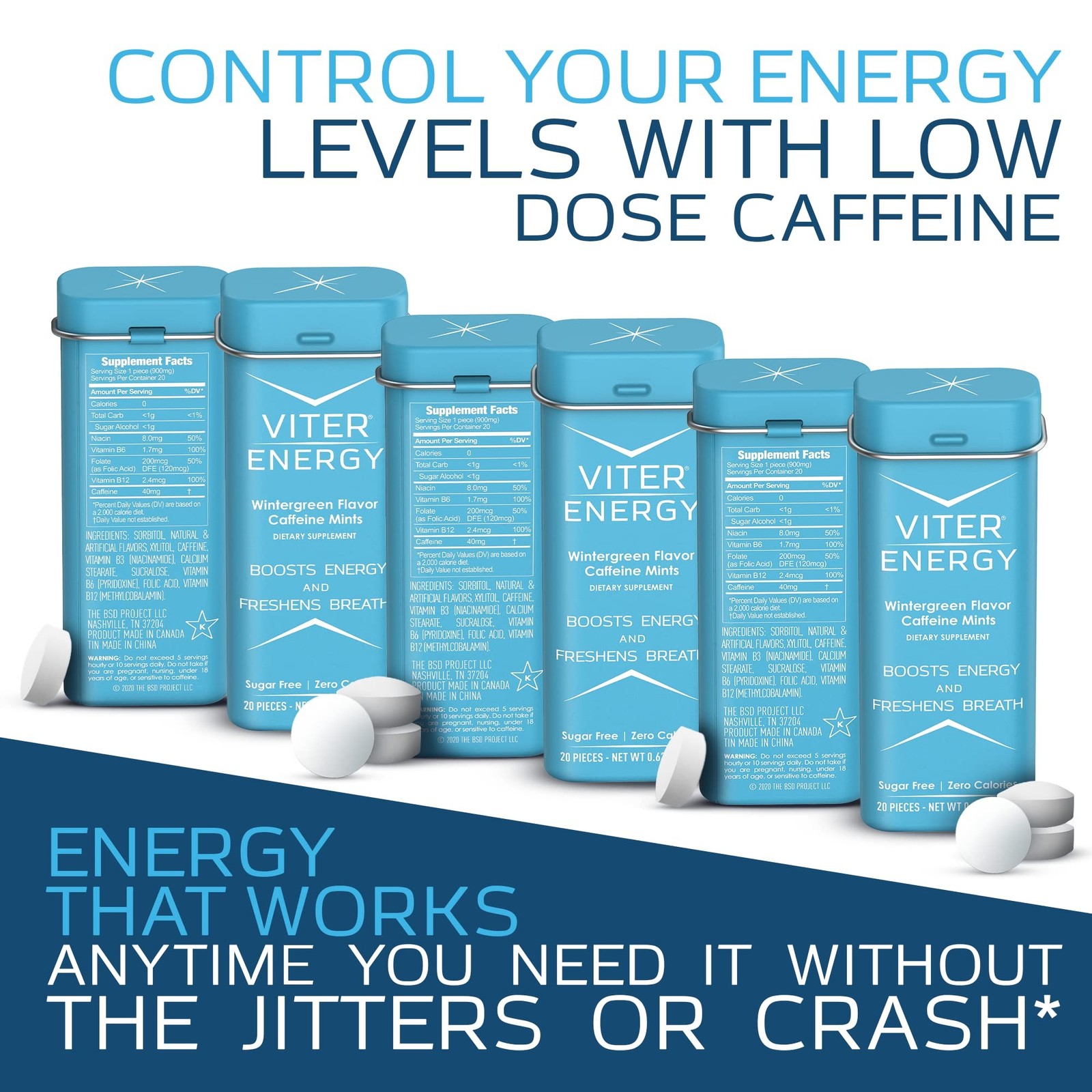 Viter Energy Caffeinated Mints 40mg Caffeine, B Vitamins, Sugar Free. (Winter…