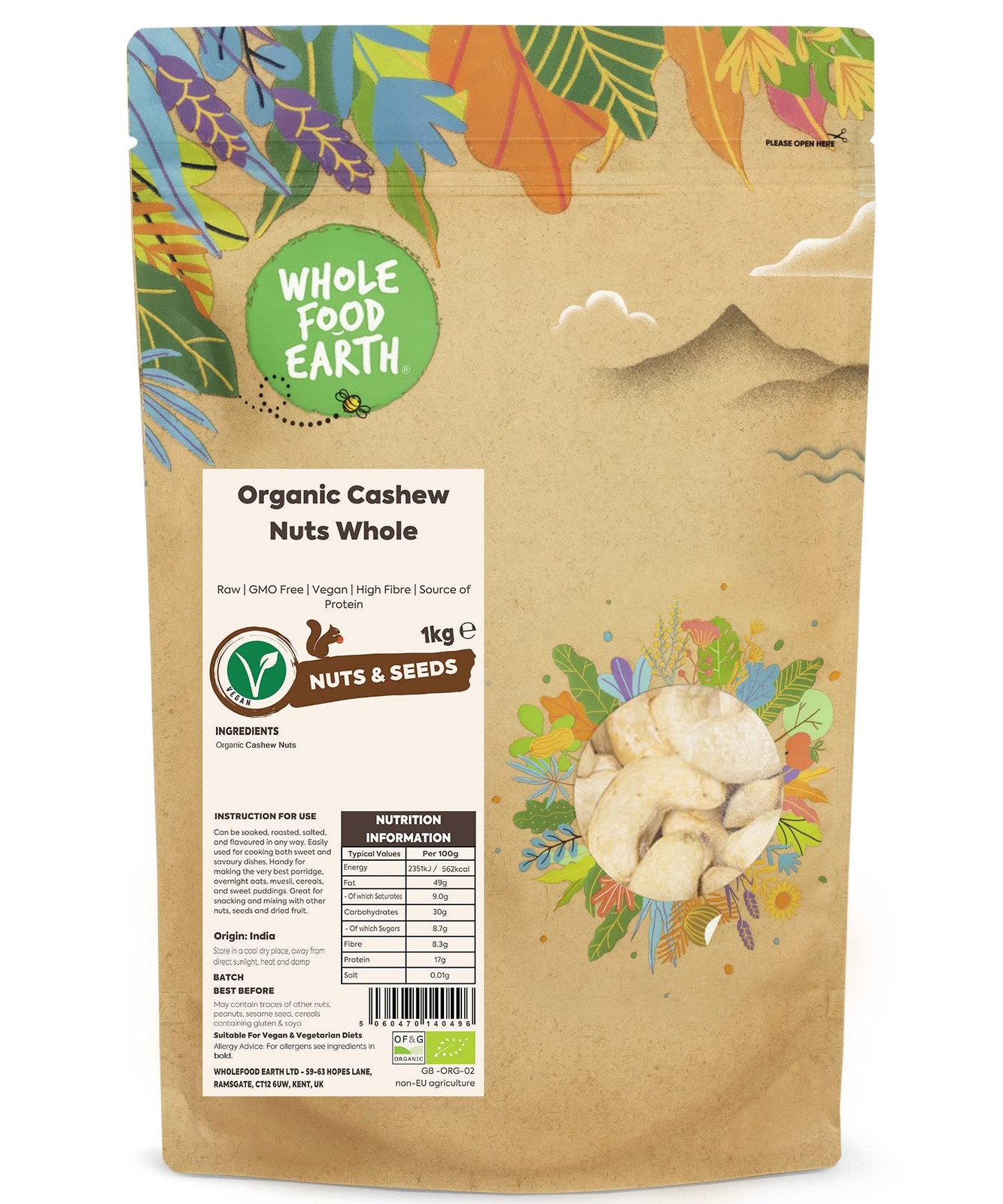 Wholefood Earth Organic Cashew Nuts Whole – 1 kg | Raw | GMO Free | Vegan |