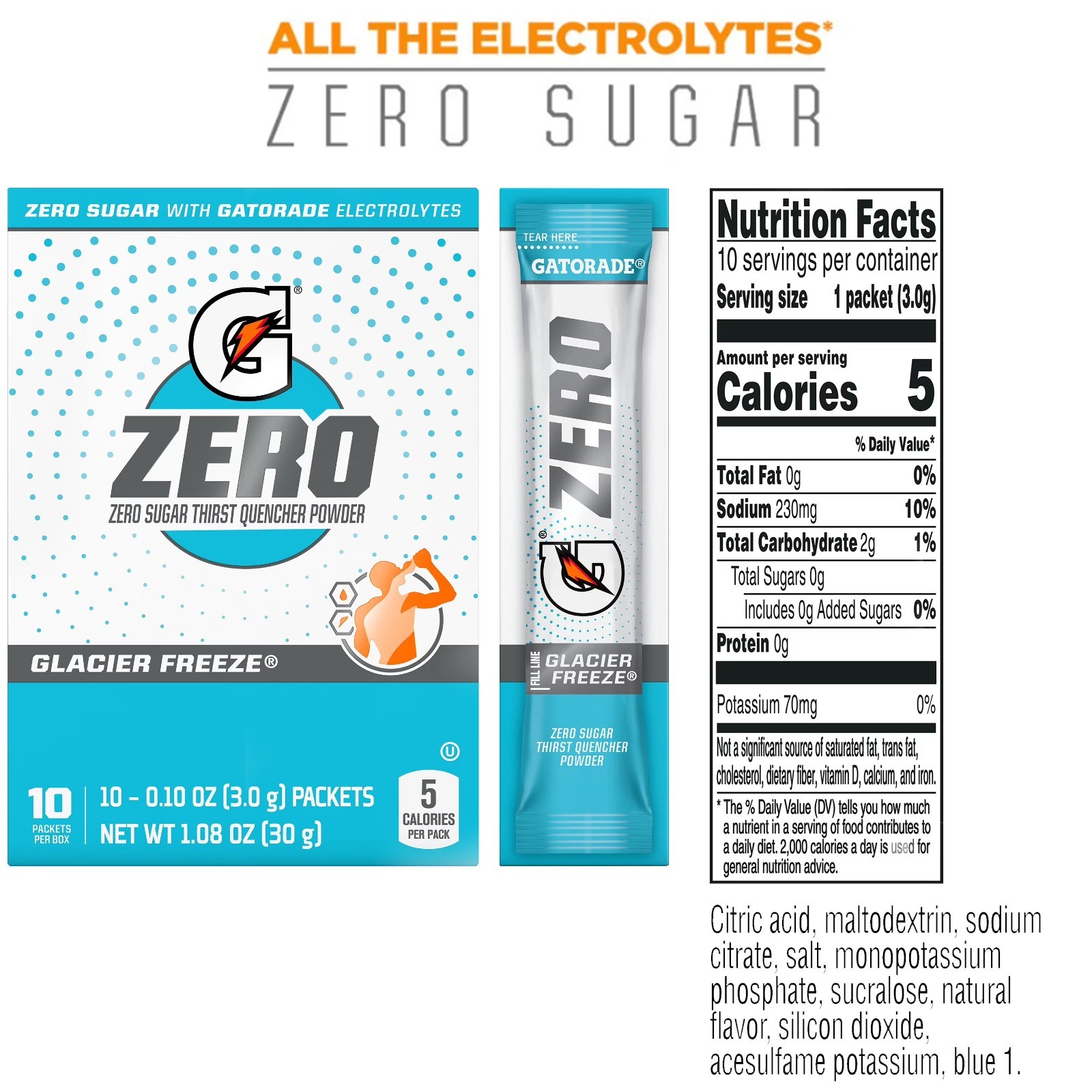 G Zero Sports Drink Powder Glacier Freeze 120 Sticks Hydration Mix Pack