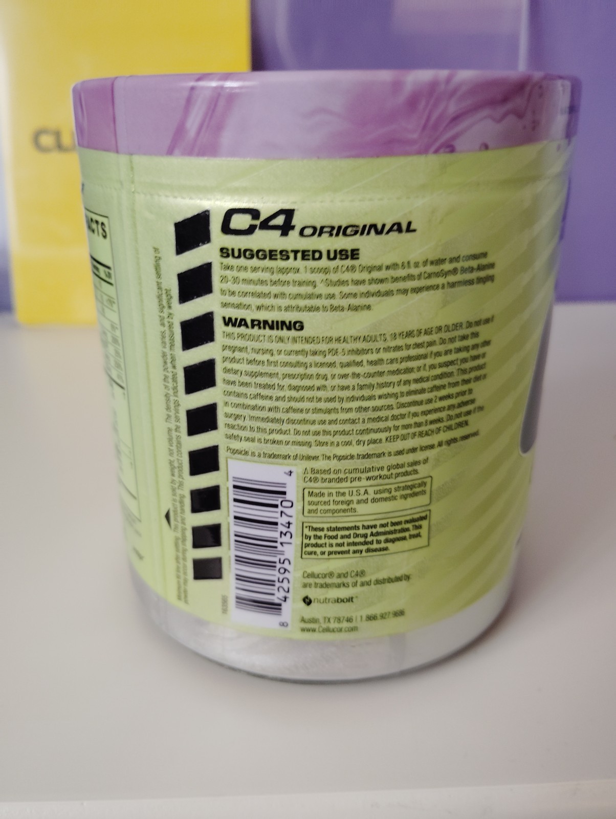 This is a Cellucor C4 Original Pre-Workout powder in the Grape Popsicle flavor.