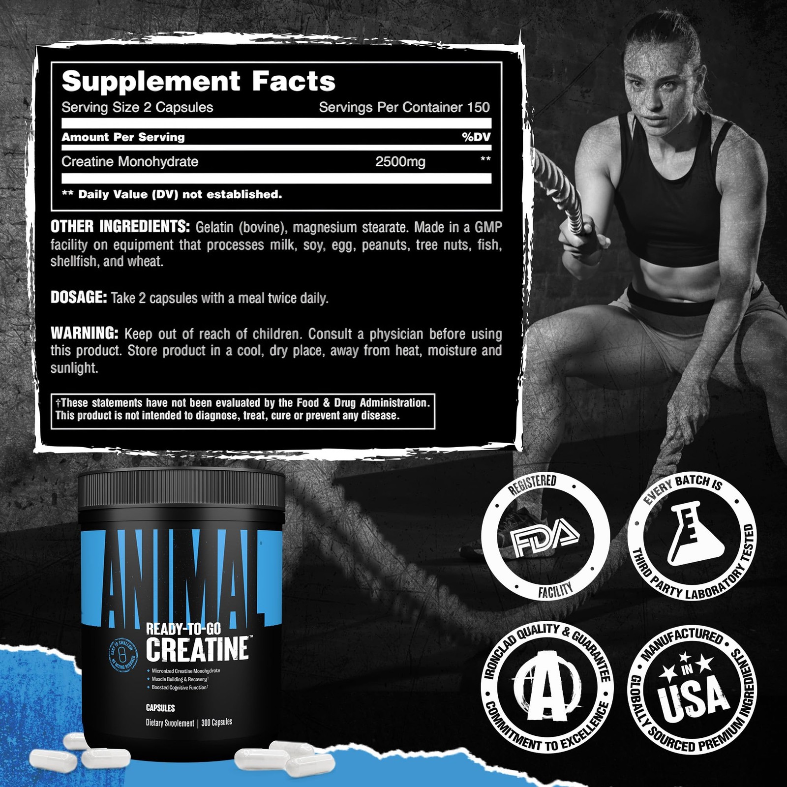 Animal Micronized Creatine Monohydrate Capsules – 300 Caps, 2500mg per Servin…