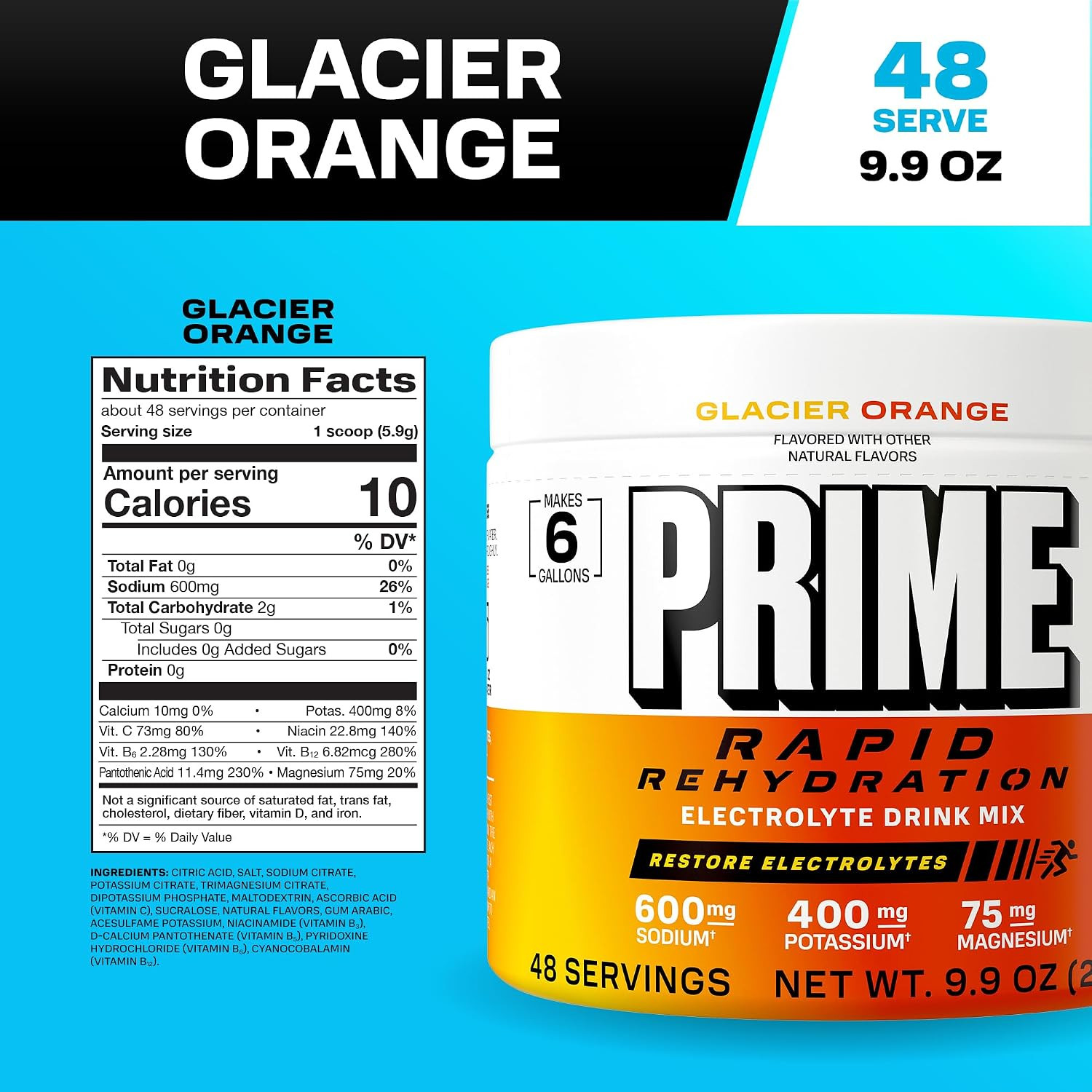 Prime Rapid Rehydration Electrolyte Powder, Glacier Orange, Sugar Free Hydration