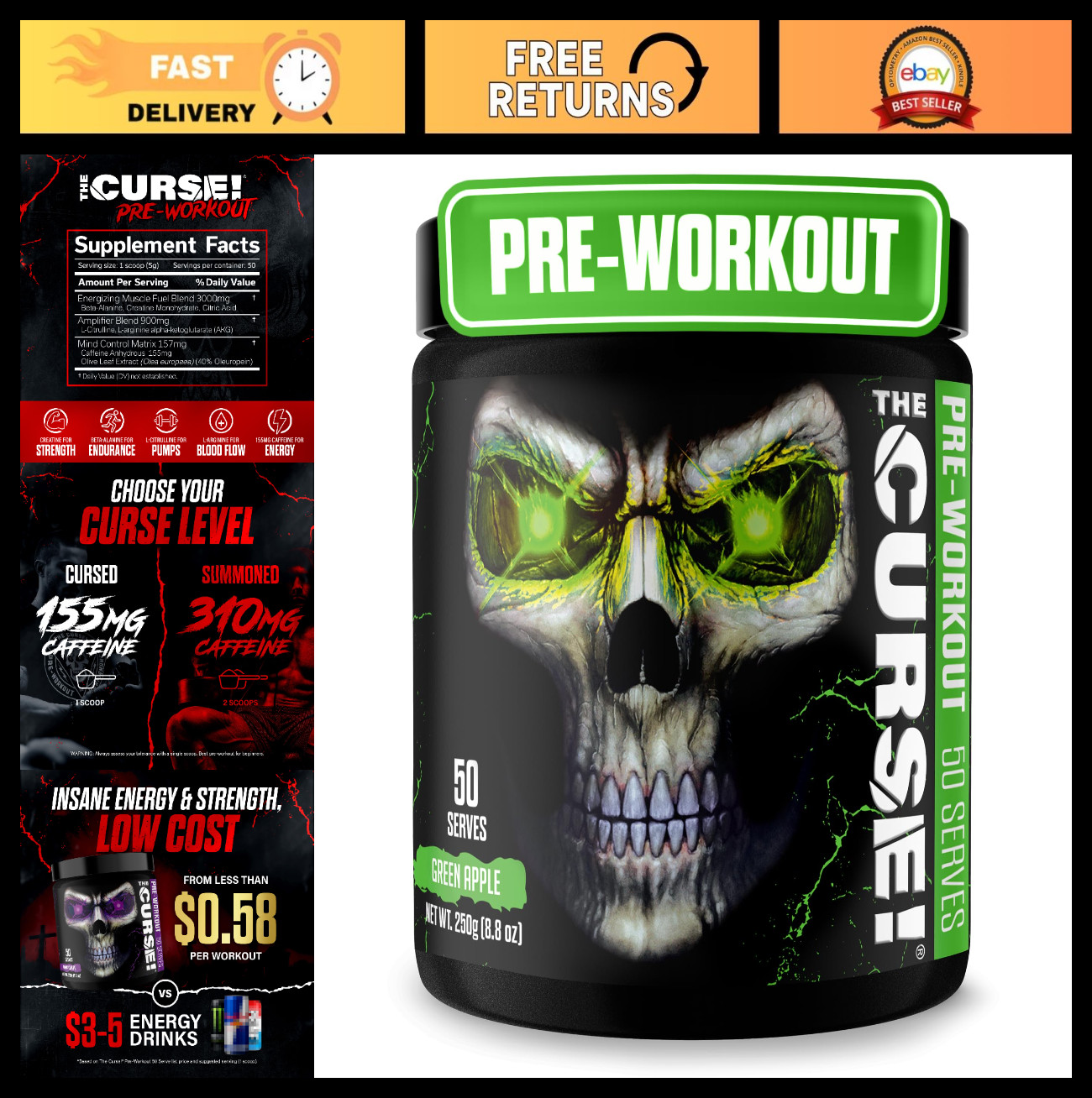 Pre Workout Powder for Men & Women – 50 Servings, Green Apple Flavor – Energy, S