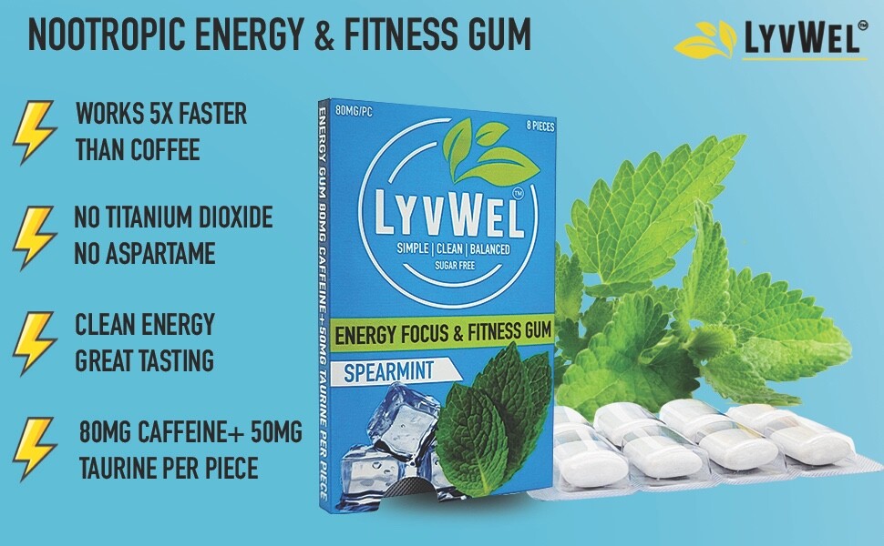 Spearmint Energy Chews Gum 80mg Caffeine Alertness Awake Focus 3 Packs Nootropic