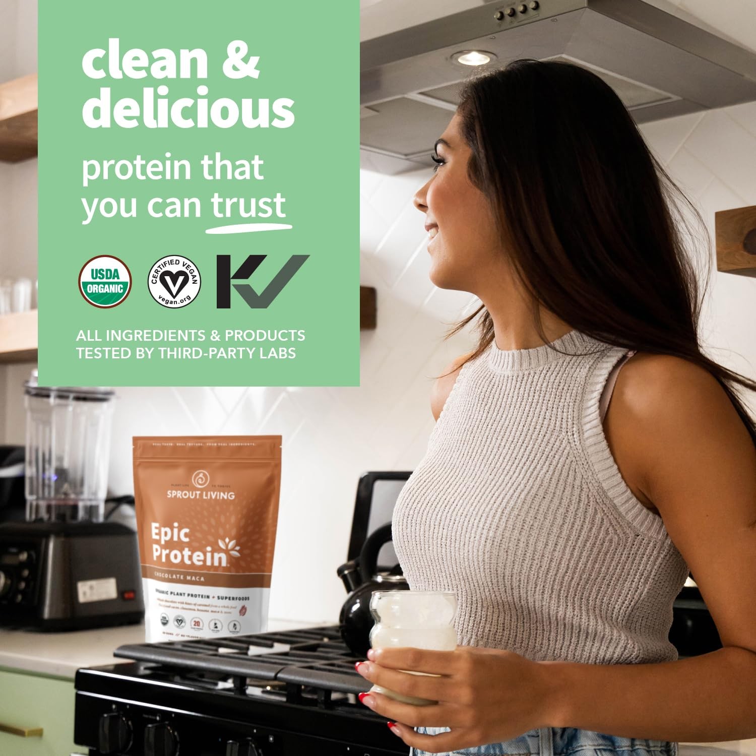 Sprout Living Epic Protein Powder, Chocolate Maca, Plant Based, Superfoods, 2lb