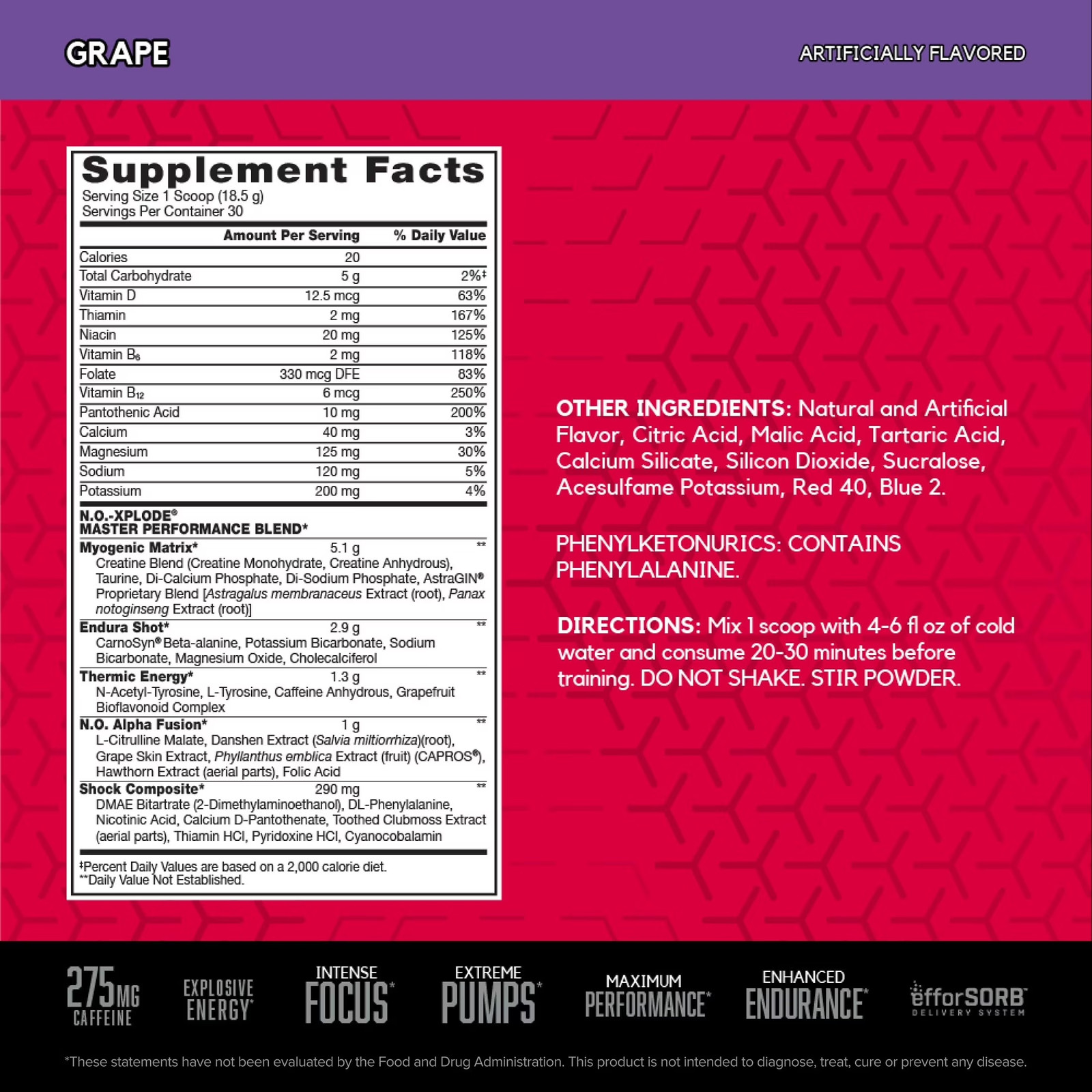 BSN N.O.-XPLODE Pre Workout Powder, Grape, 30 Servings