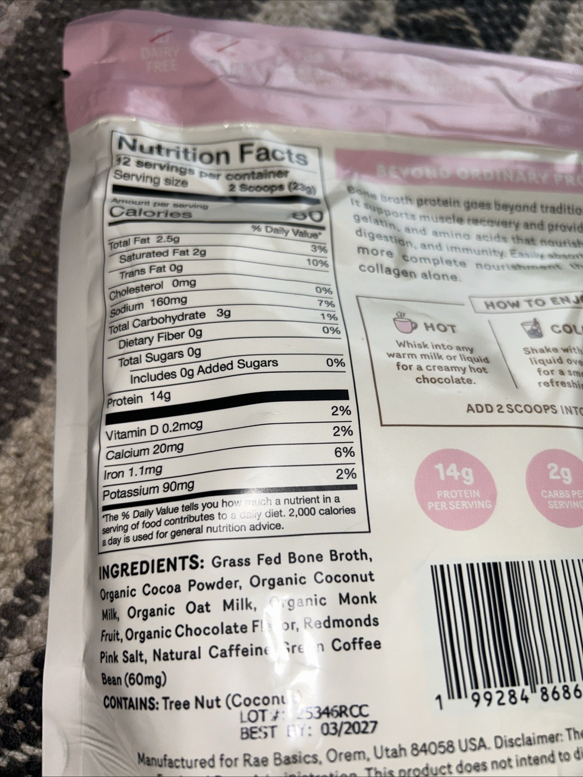 Rae Basics Bone Broth Protein Powder Choc Dairy-Free Gluten-Free 8.8oz Exp 03/27
