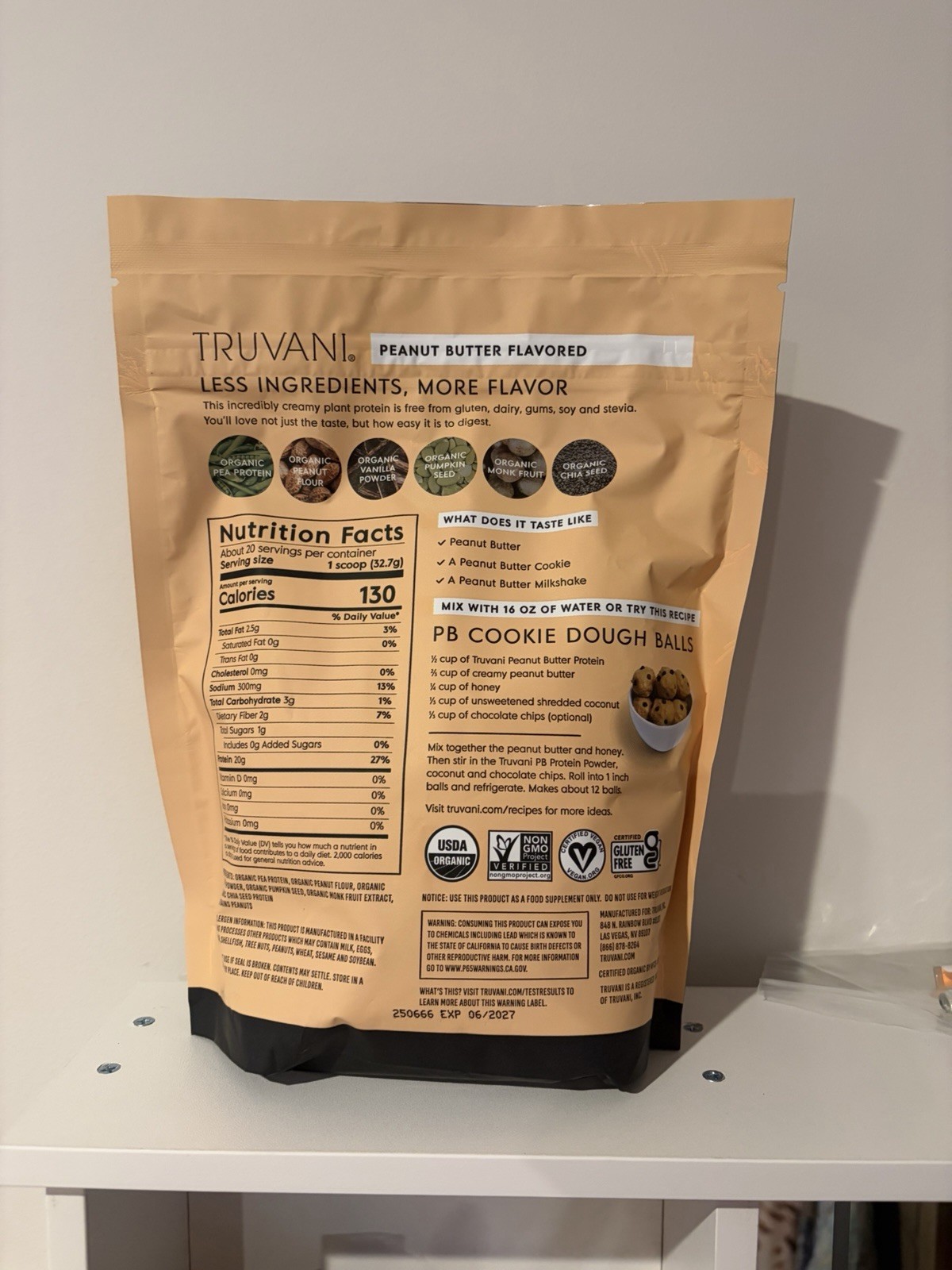 Truvani Plant Based Peanut Butter Protein Powder 23.1 NEW Expires 6/27