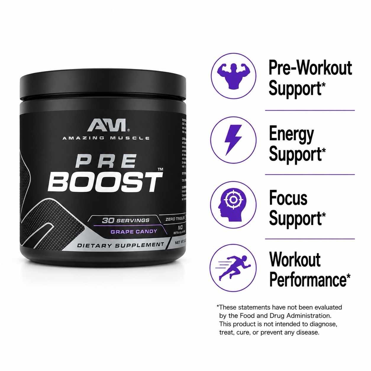 Amazing Muscle Pre Boost Pre Workout Grape Candy 30 Servings Energy Powder