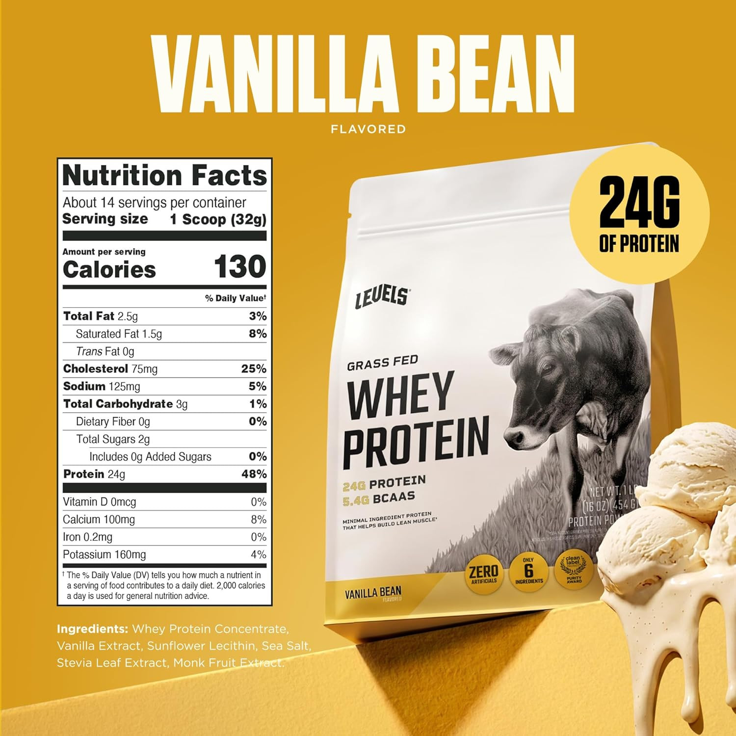 Levels Grass Fed Whey Protein Powder, No Artificials, 24G of Protein, Vanilla Be