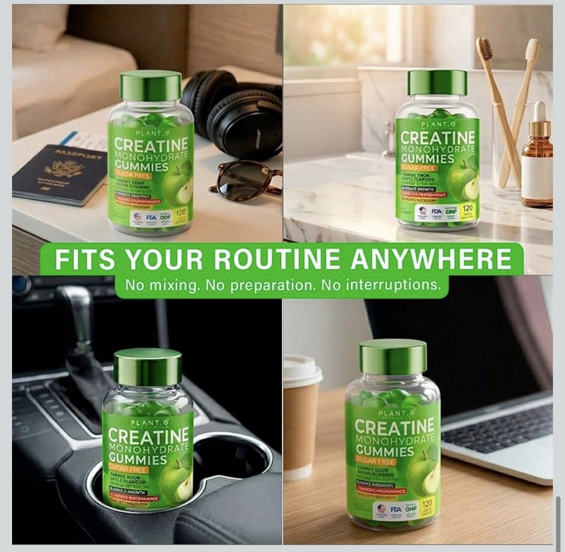 PLANT.O NUTRITION Creatine Monohydrate Gummies Sugar Free 120 Count Green Apple