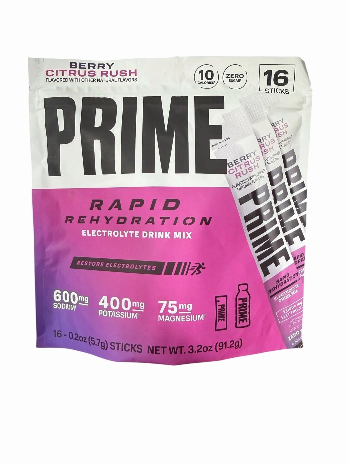 PRIME Electrolyte Hydration Powder Mix 16 Sticks Caffeine-Free Berry Citrus Rush