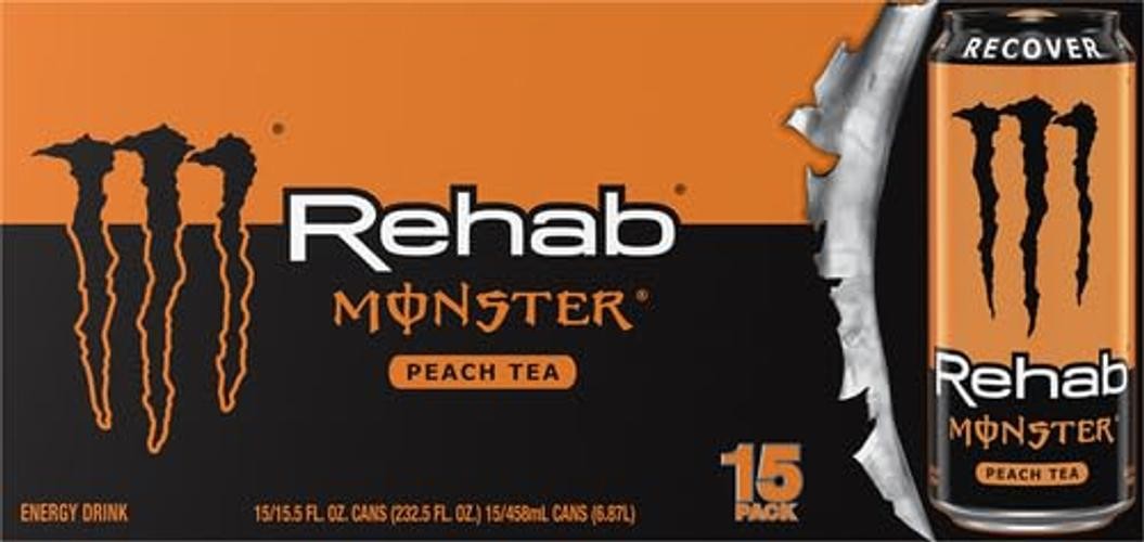 Rehab + Energy, Energy Drink, 15.5 Ounce | Energy Iced Tea, 15 Pack Peach Tea